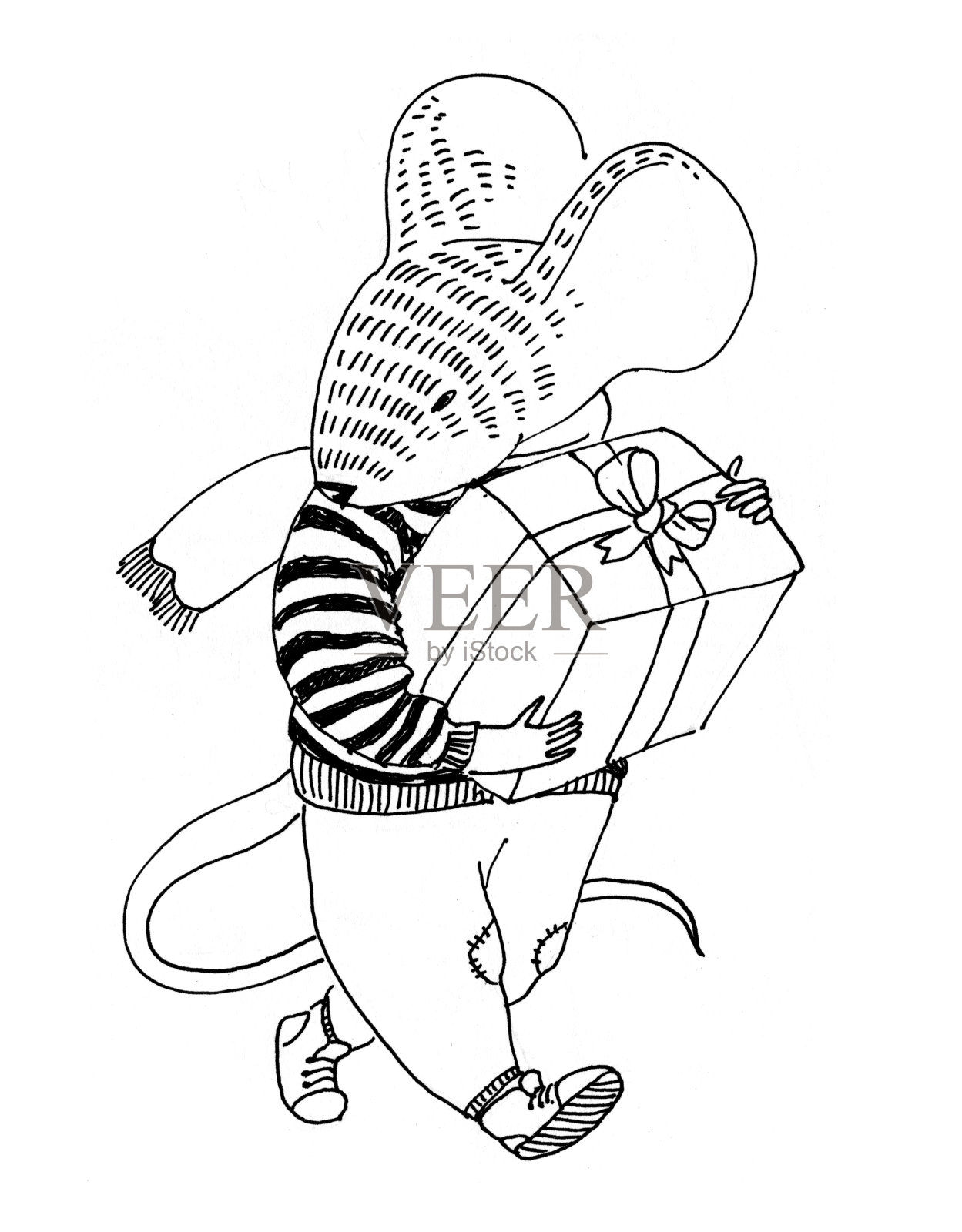 穿毛衣和裤子的老鼠配礼品盒插画图片素材