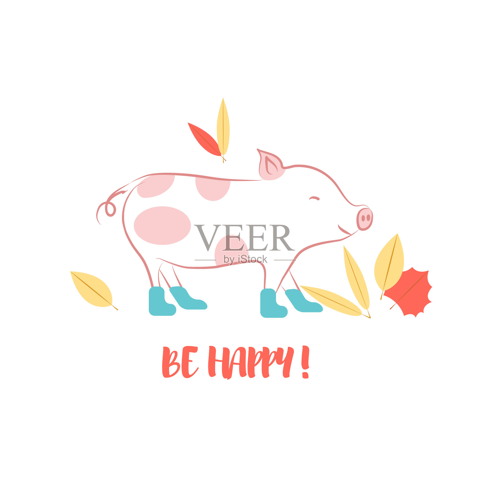 猪和秋叶的图标线条风格与文字“快乐!”插画图片素材