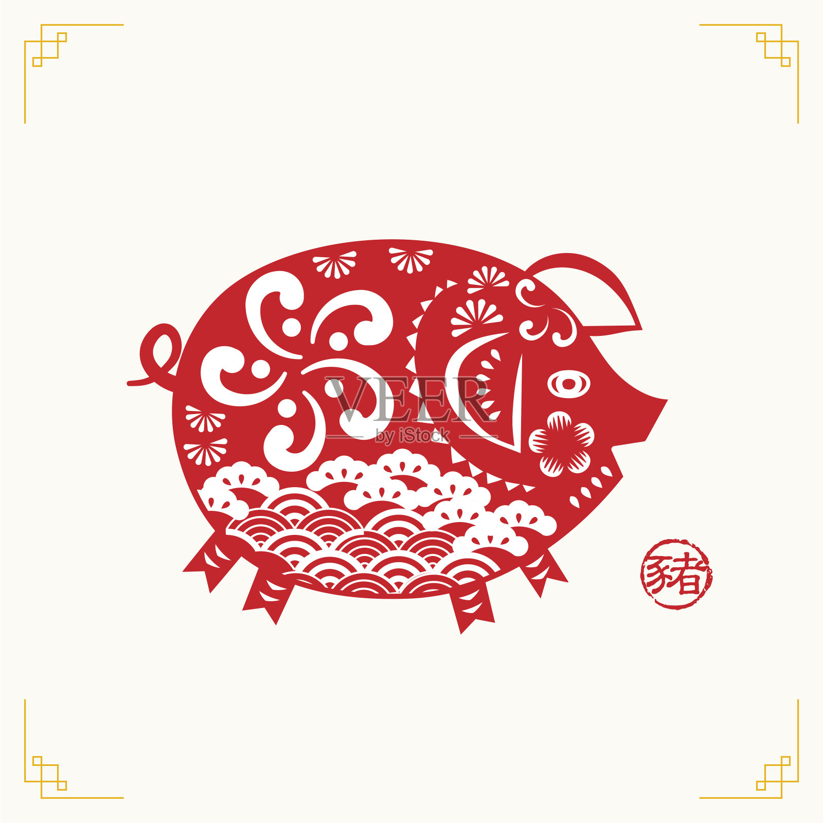 2019年猪年新春快乐剪纸风格。汉字代表猪，十二生肖代表贺卡、传单、邀请函、海报、宣传册、横幅、日历。插画图片素材