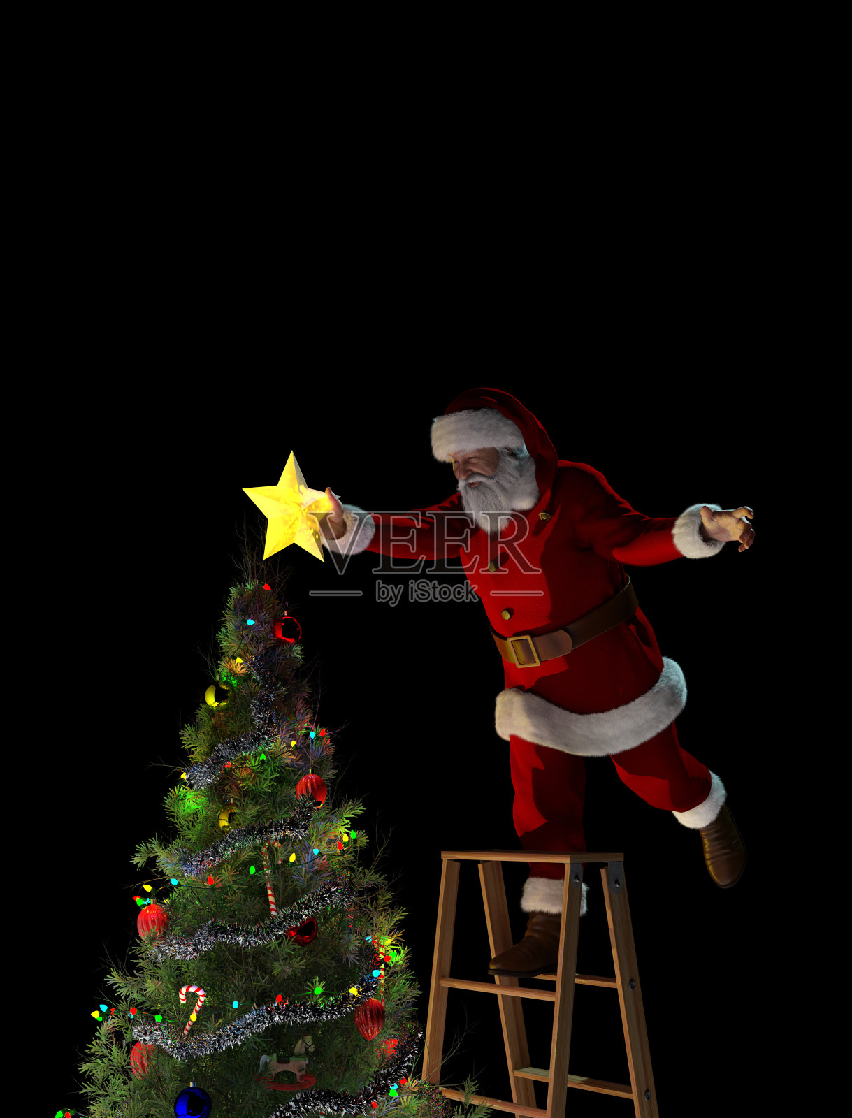 圣诞老人在圣诞树上放一颗星星照片摄影图片