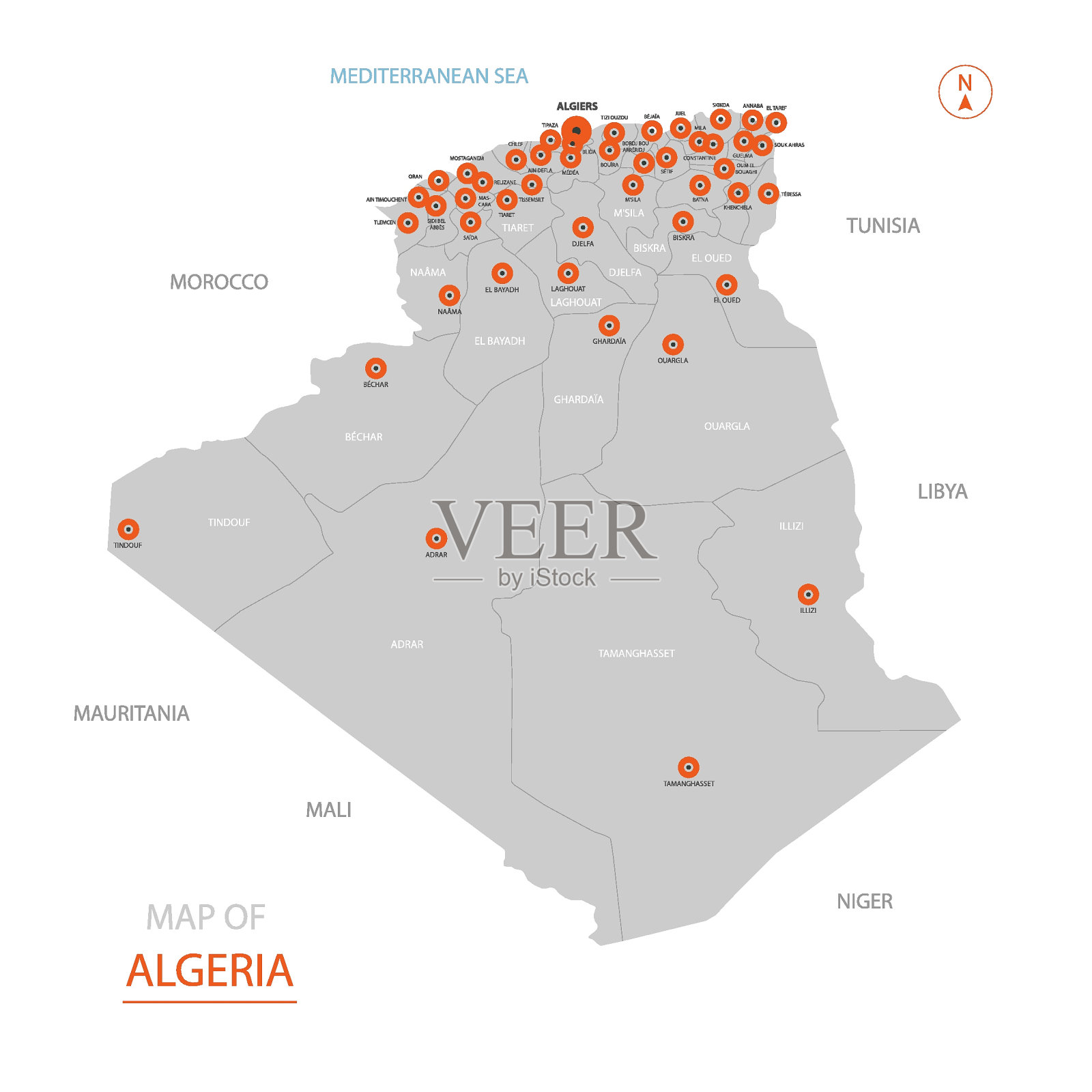 程式化矢量阿尔及利亚地图插画图片素材