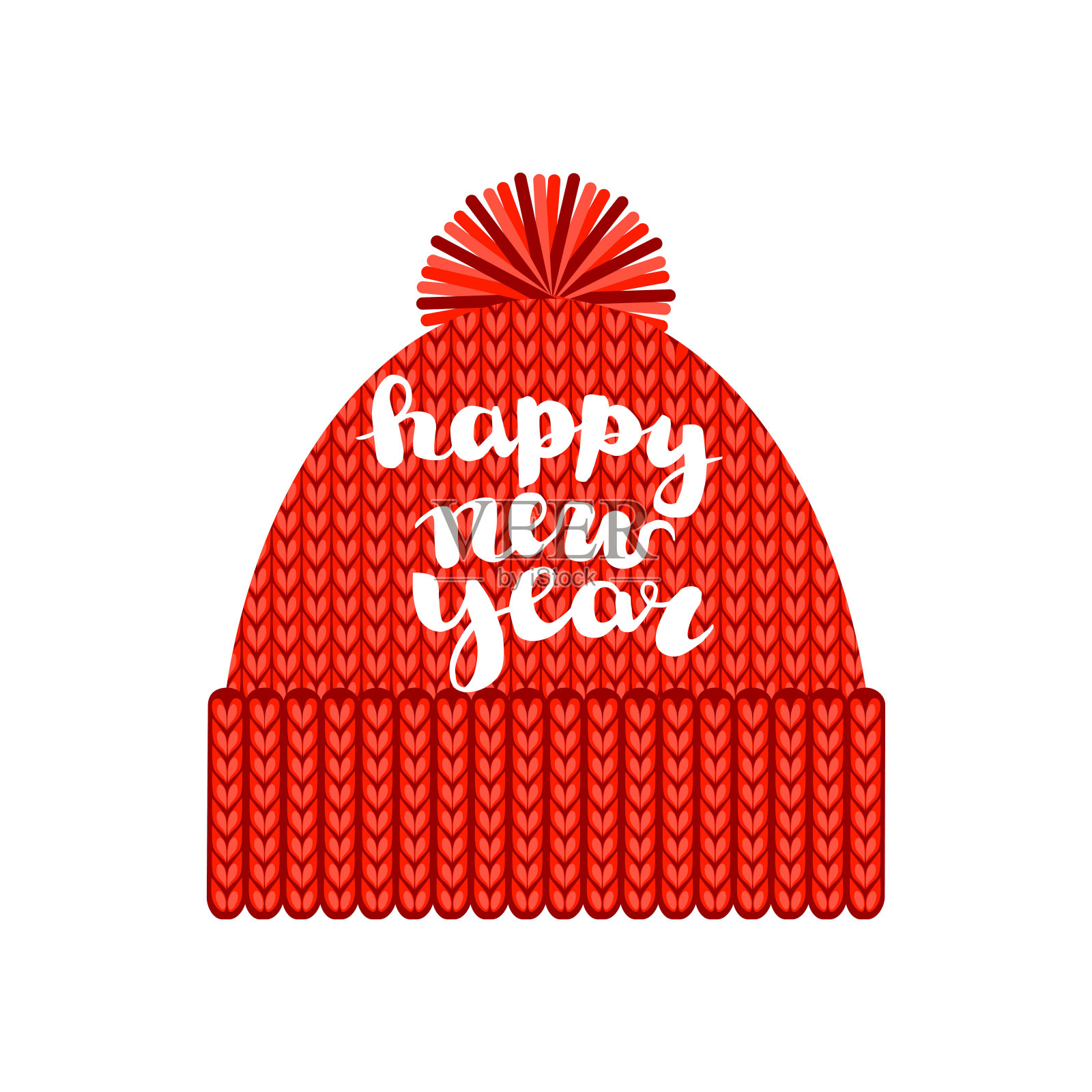 一顶织有“新年快乐”字样绒球的红帽子插画图片素材