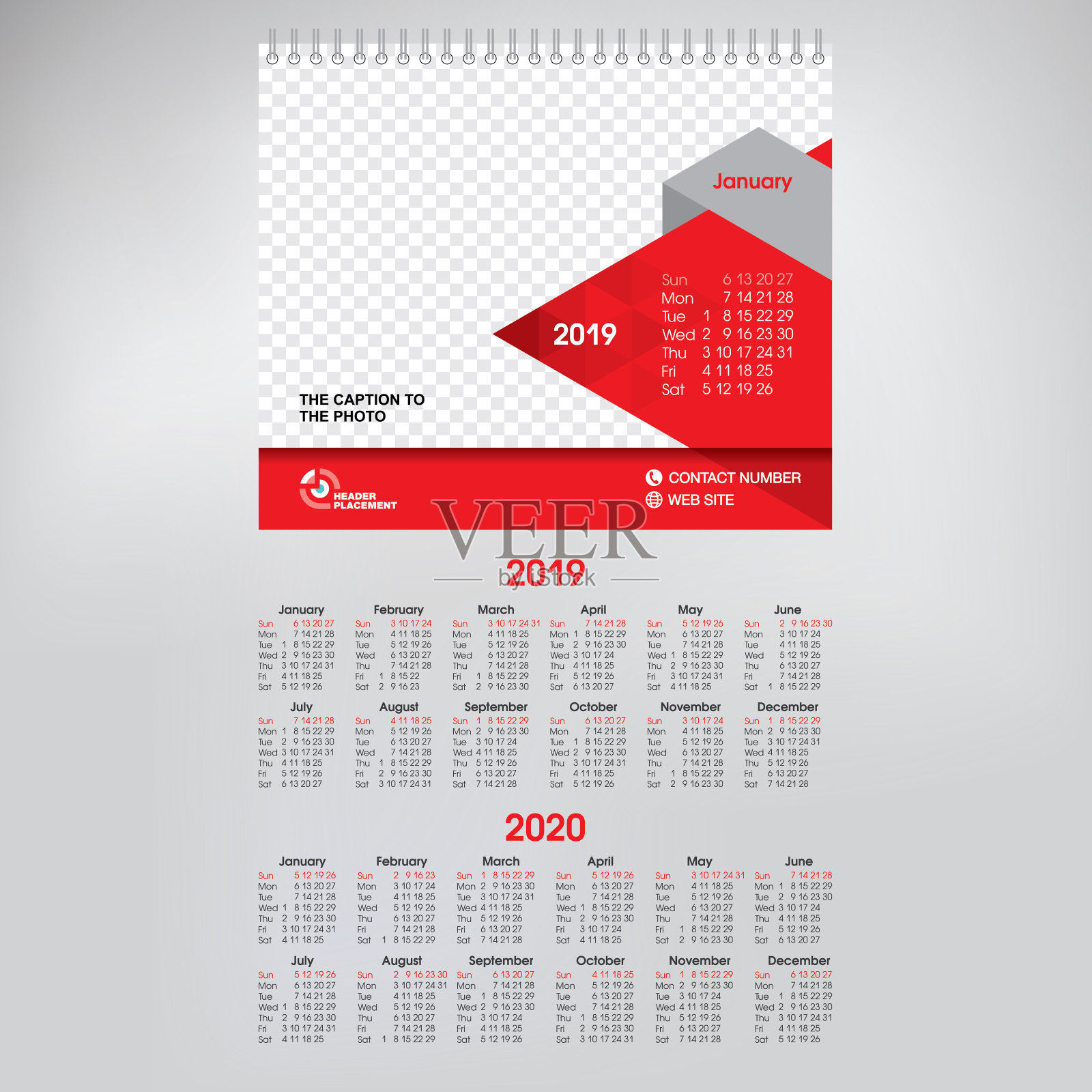 12个月台历，2019-2020年，现代平面设计，A5图片和文字模板，红色几何背景设计模板素材