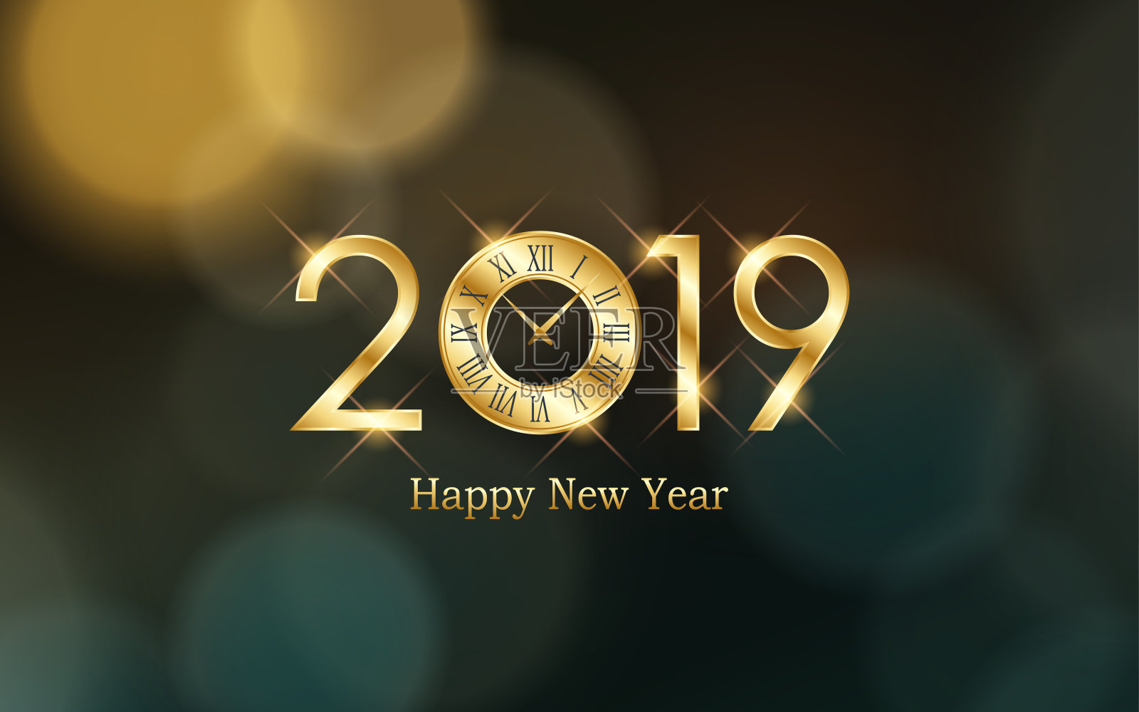2019年新年快乐，时钟与抽象的散景和镜头光晕图案在复古色彩风格的背景设计模板素材