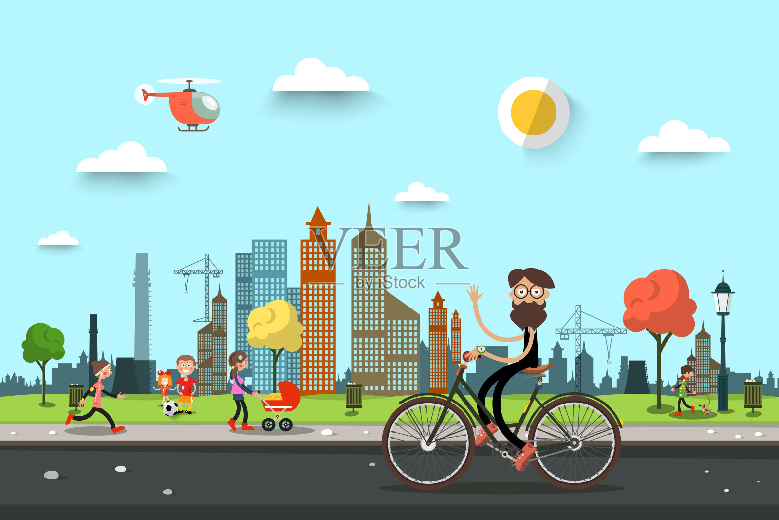 街道上骑自行车的人和城市公园里的人插画图片素材