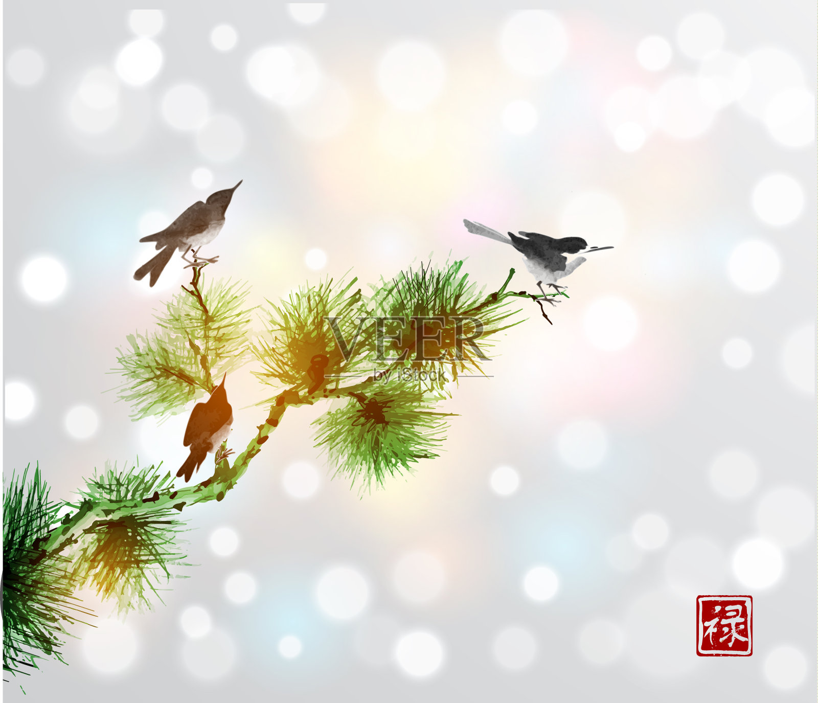 白光背景上的小鸟和绿色的松树树枝。传统的东方水墨画是在宣纸背景上画隅娥、玉仙、戈花。象形文字——幸福插画图片素材