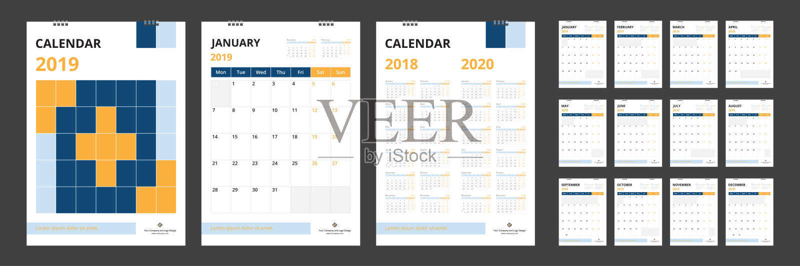 2019年设计模板日历从周一开始。设计模板素材