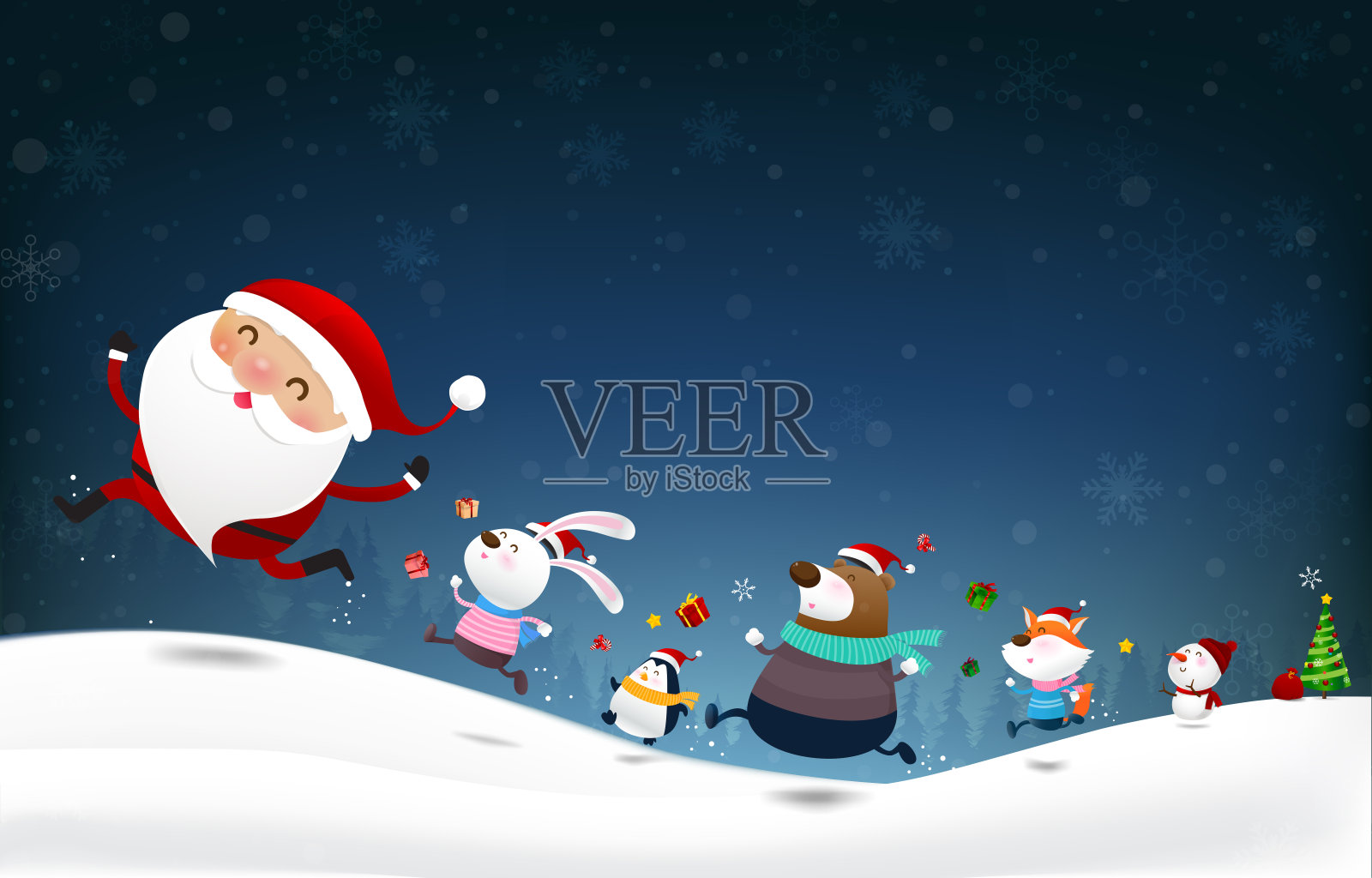圣诞雪人圣诞老人和动物卡通微笑与雪花的背景001插画图片素材