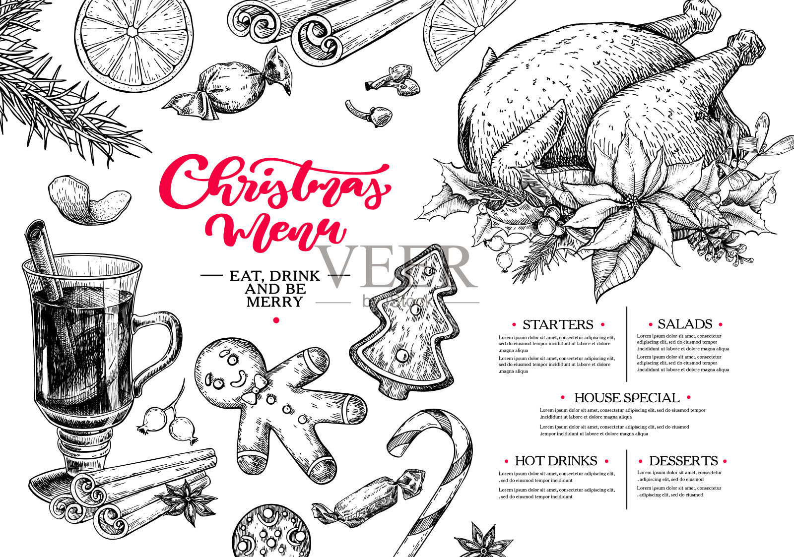 圣诞菜单。冬季餐厅和咖啡馆草图模板设计模板素材