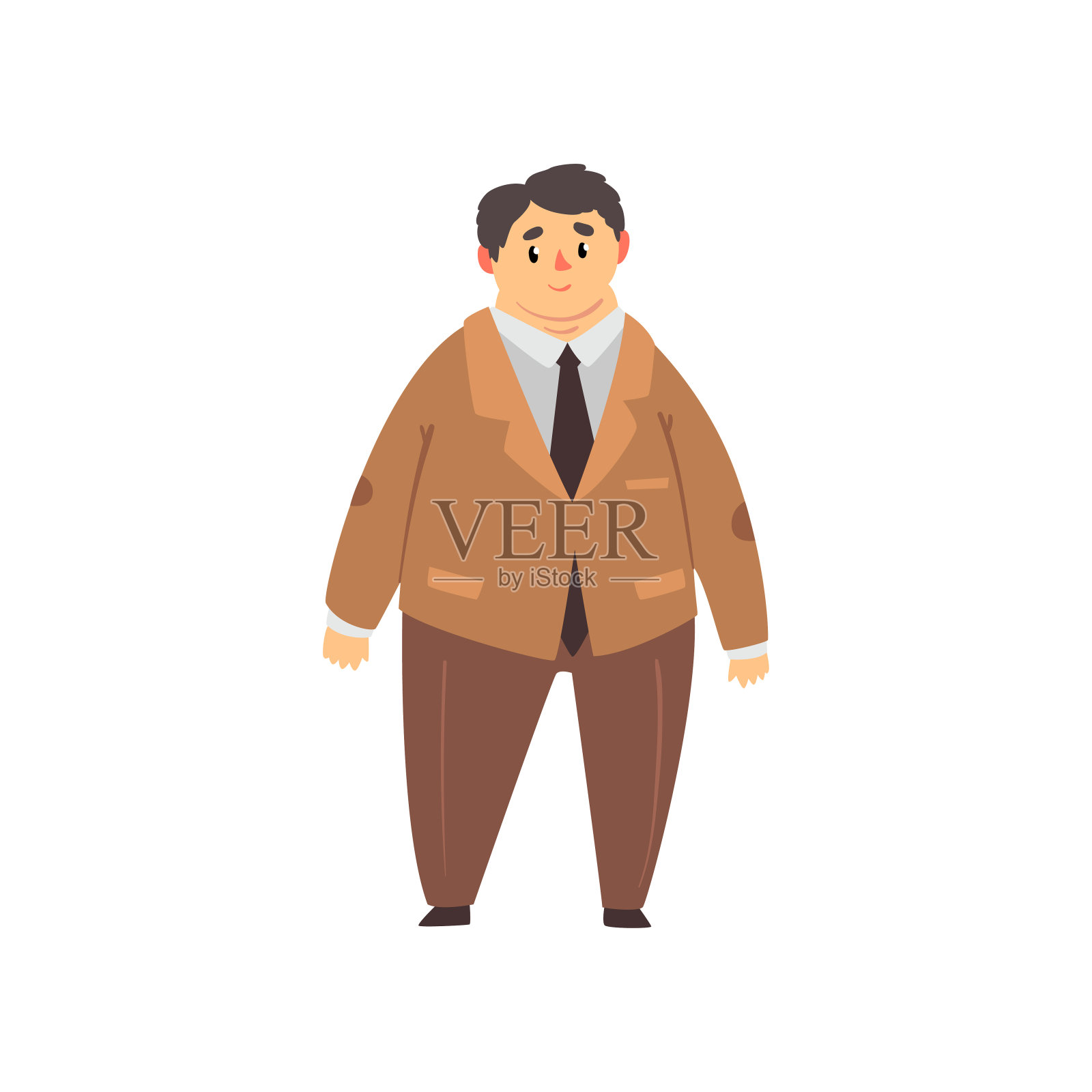 英俊的胖子穿着棕色西装，胖人穿着时髦的衣服，身体正矢量插图上的白色背景设计元素图片