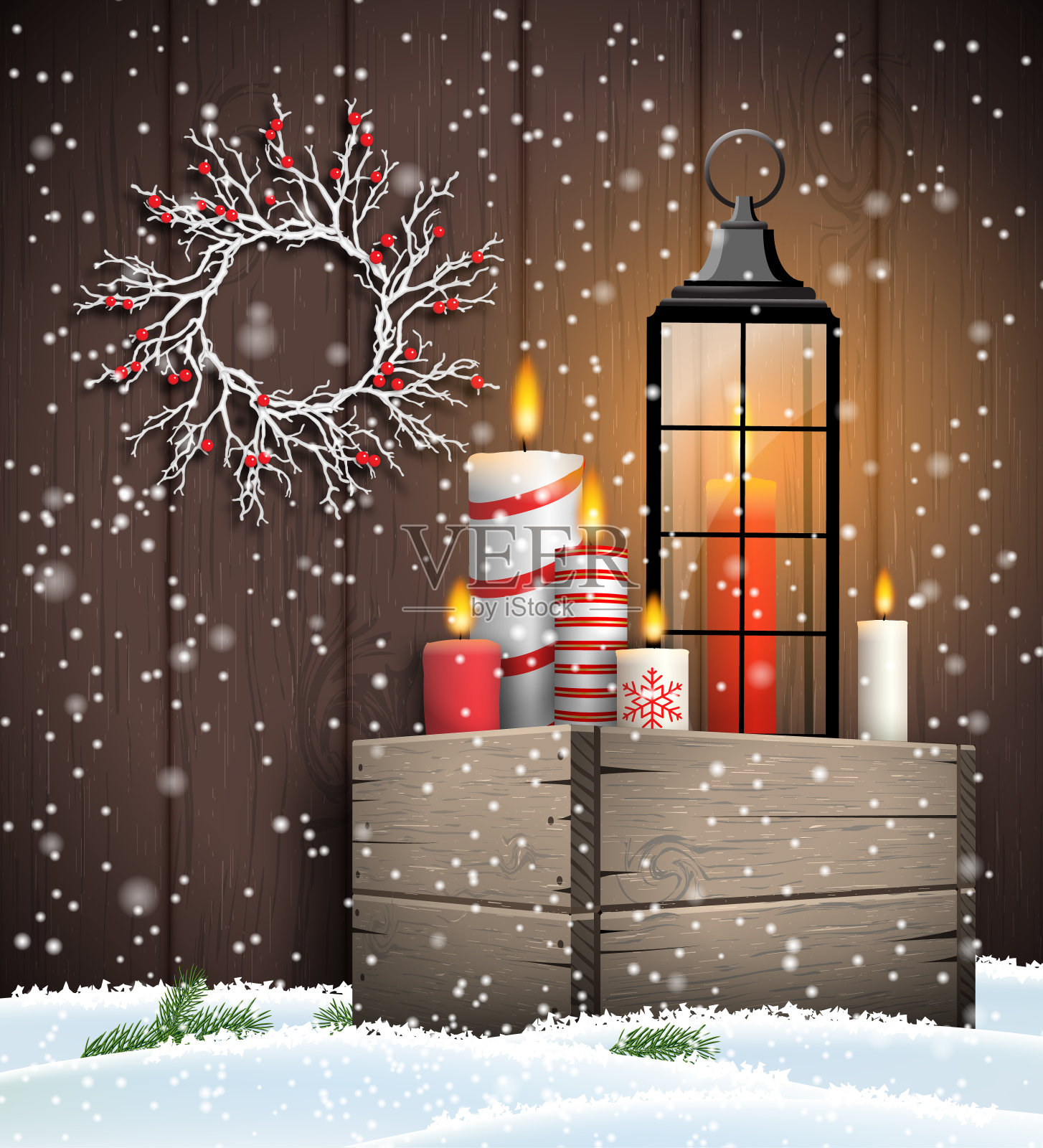 圣诞静物画，装有蜡烛和灯笼的木盒子插画图片素材