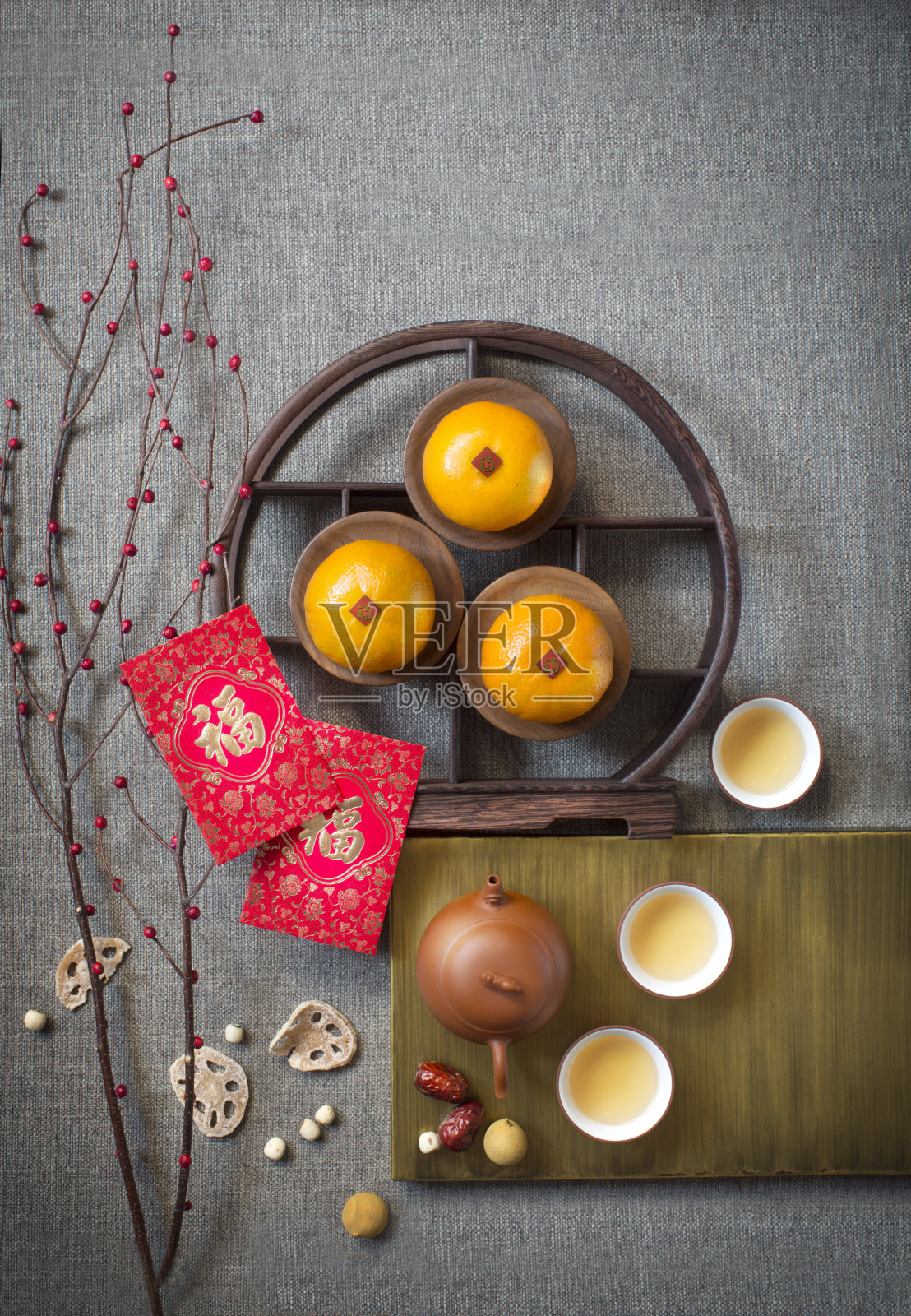 中国新年的食物和饮料。照片摄影图片