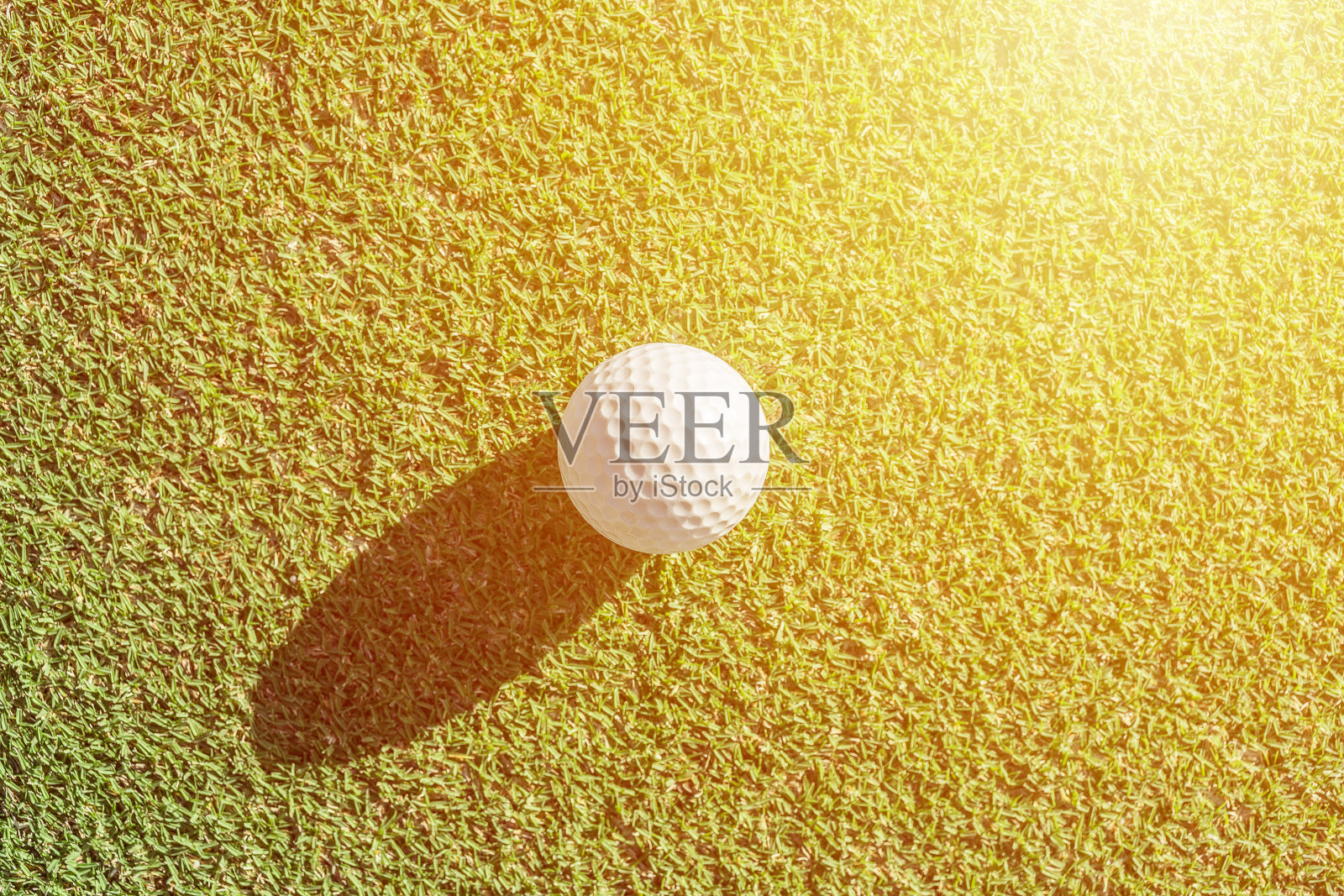 白色的高尔夫球在绿色的草地上有坚硬的阴影。良好的背景照片摄影图片