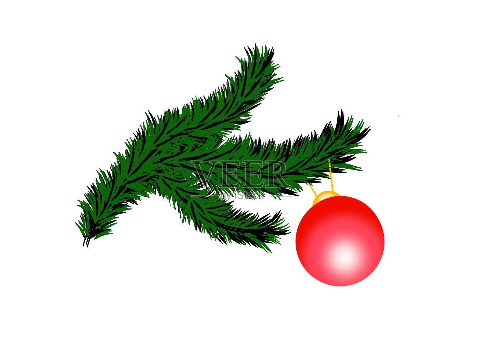 圣诞树枝和红球新年假期2D插图孤立在白色背景。插画图片素材