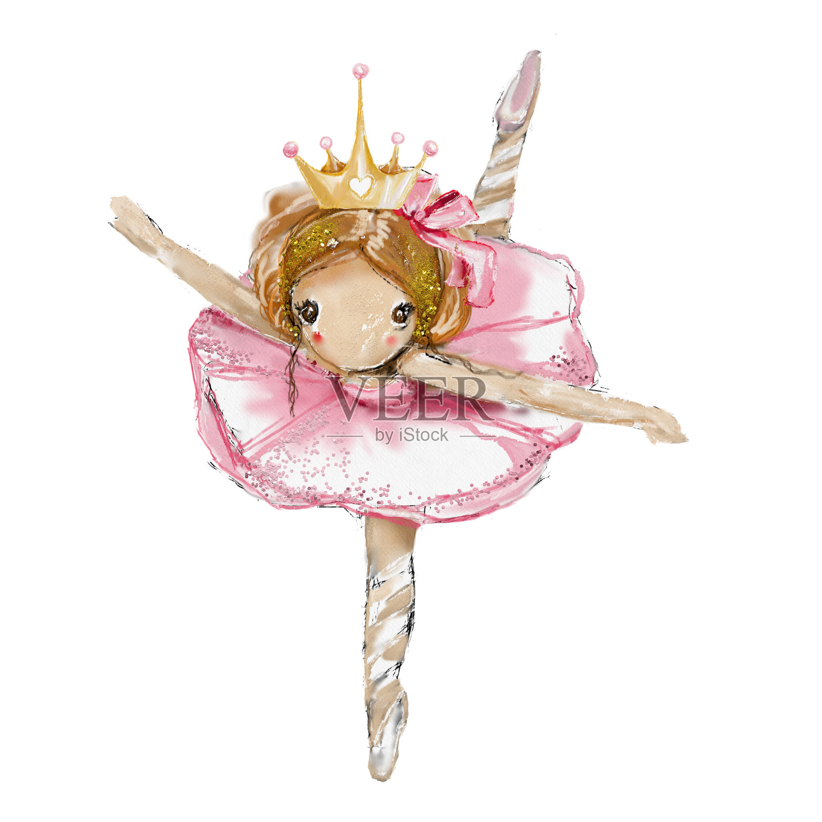 可爱的女孩水彩芭蕾舞公主。美丽的芭蕾舞演员戴着金光闪闪的皇冠插画图片素材