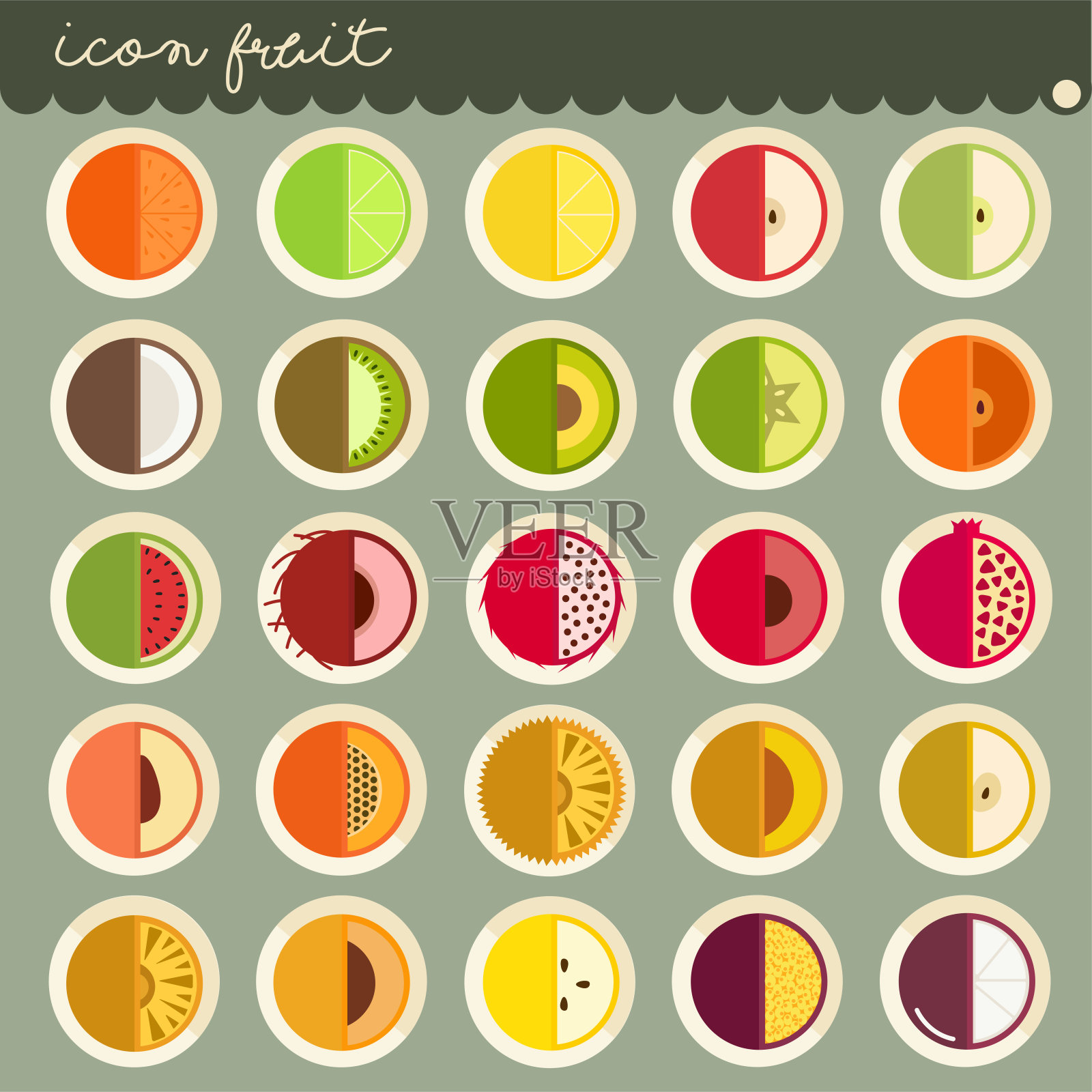25套基本平面设计，水果向量集合的颜色，水果集合是苹果，香蕉，橙子，葡萄，樱桃，草莓，柠檬，孤立在绿色背景，第1部分-图标插图。插画图片素材