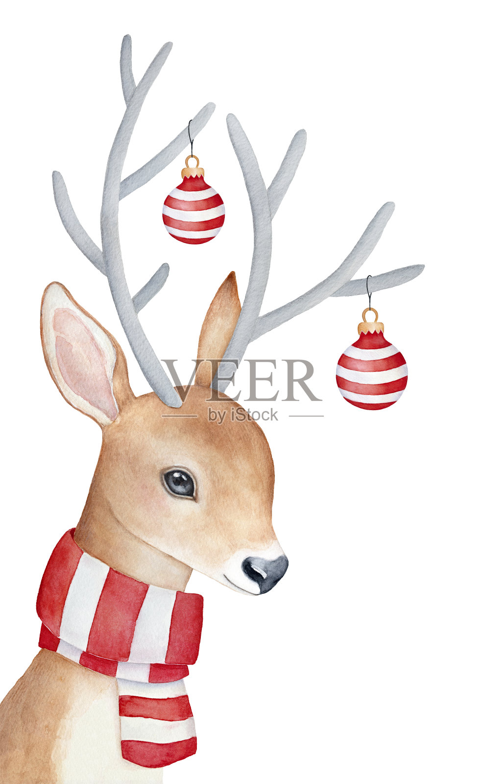 面带微笑的驯鹿角色，有着大大的灰色角，装饰着圆圆的圣诞球。穿着条纹冬季围巾，看着“相机”。插画图片素材