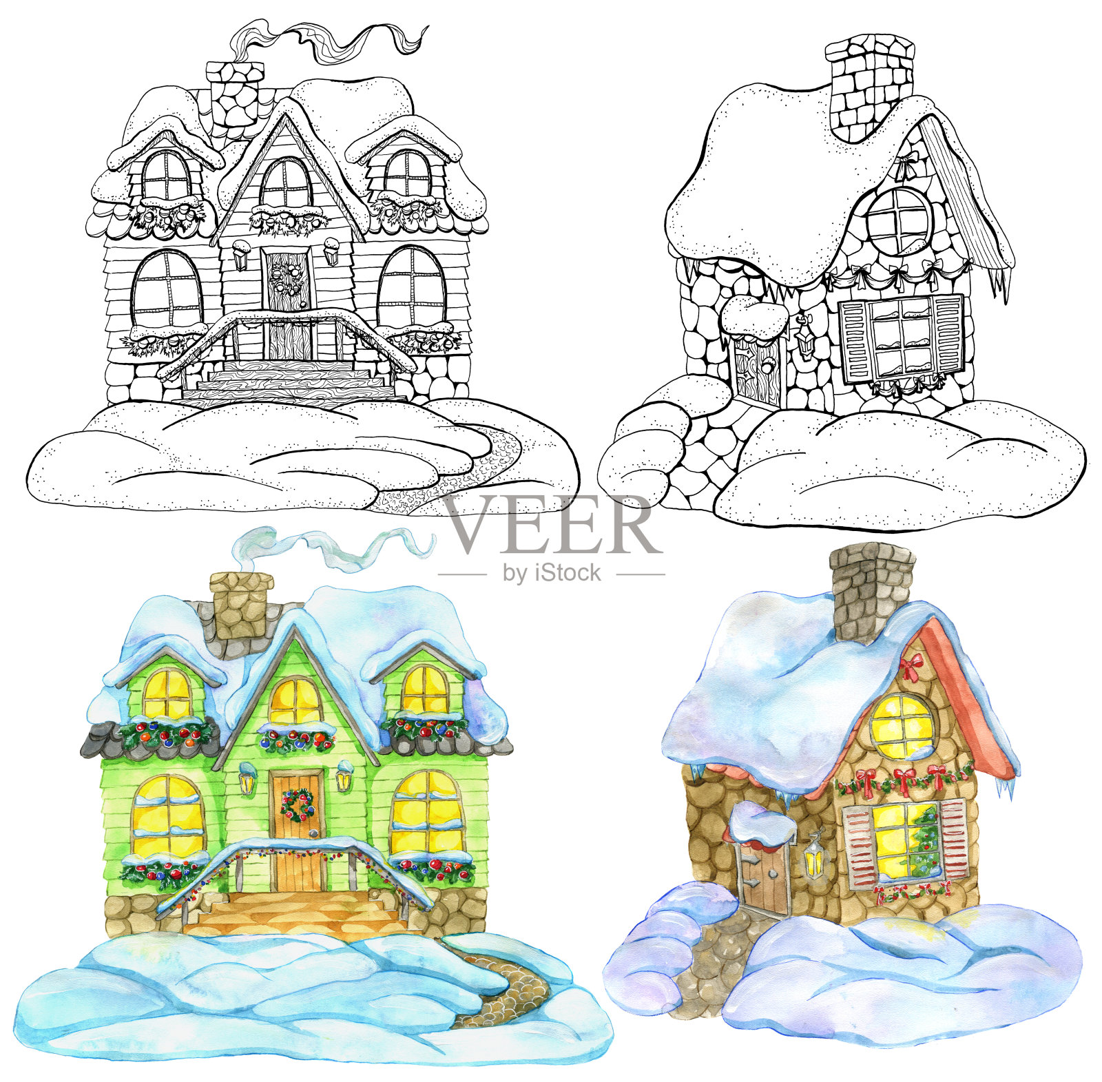 设计集可爱的乡村别墅为圣诞节和新年的概念插画图片素材