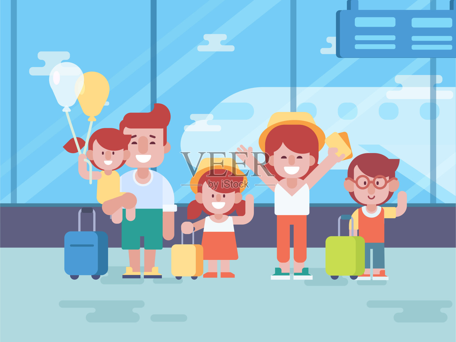 全家一起快乐旅行。带着孩子的父母在机场。插画图片素材