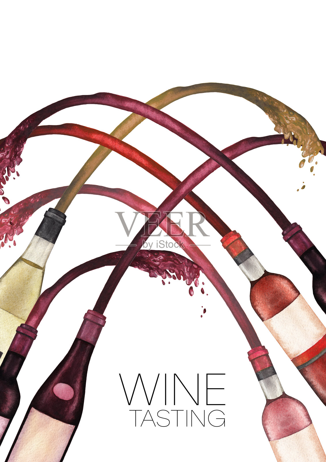 水彩画瓶，红，白和玫瑰葡萄酒溅出来。插画图片素材