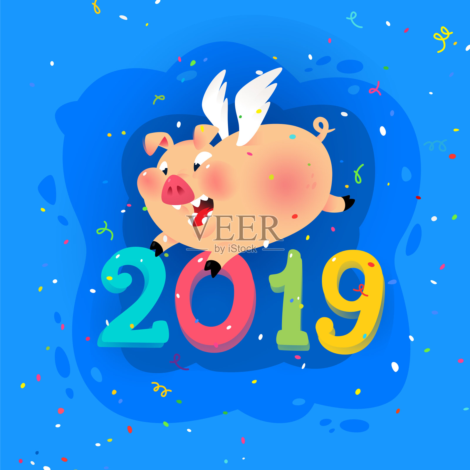 卡通猪的新年插图与题词2019。插图被孤立在白色背景上。可爱的动物猪。中国新年的象征。庆祝的背景。吉祥物。插画图片素材