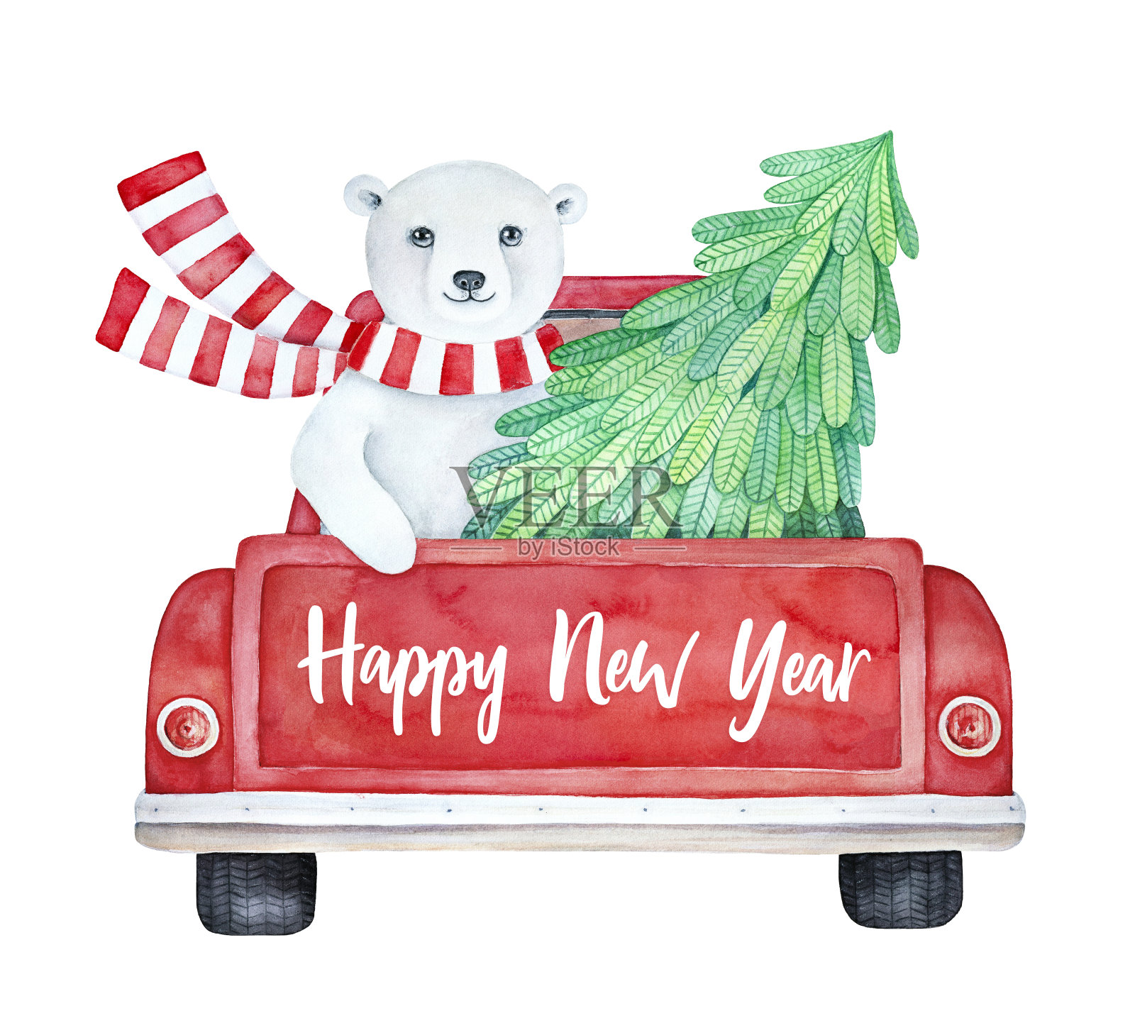 “新年快乐”插图与明亮的复古皮卡和毛茸茸的北极熊在条纹围巾抱着绿色冷杉树。插画图片素材