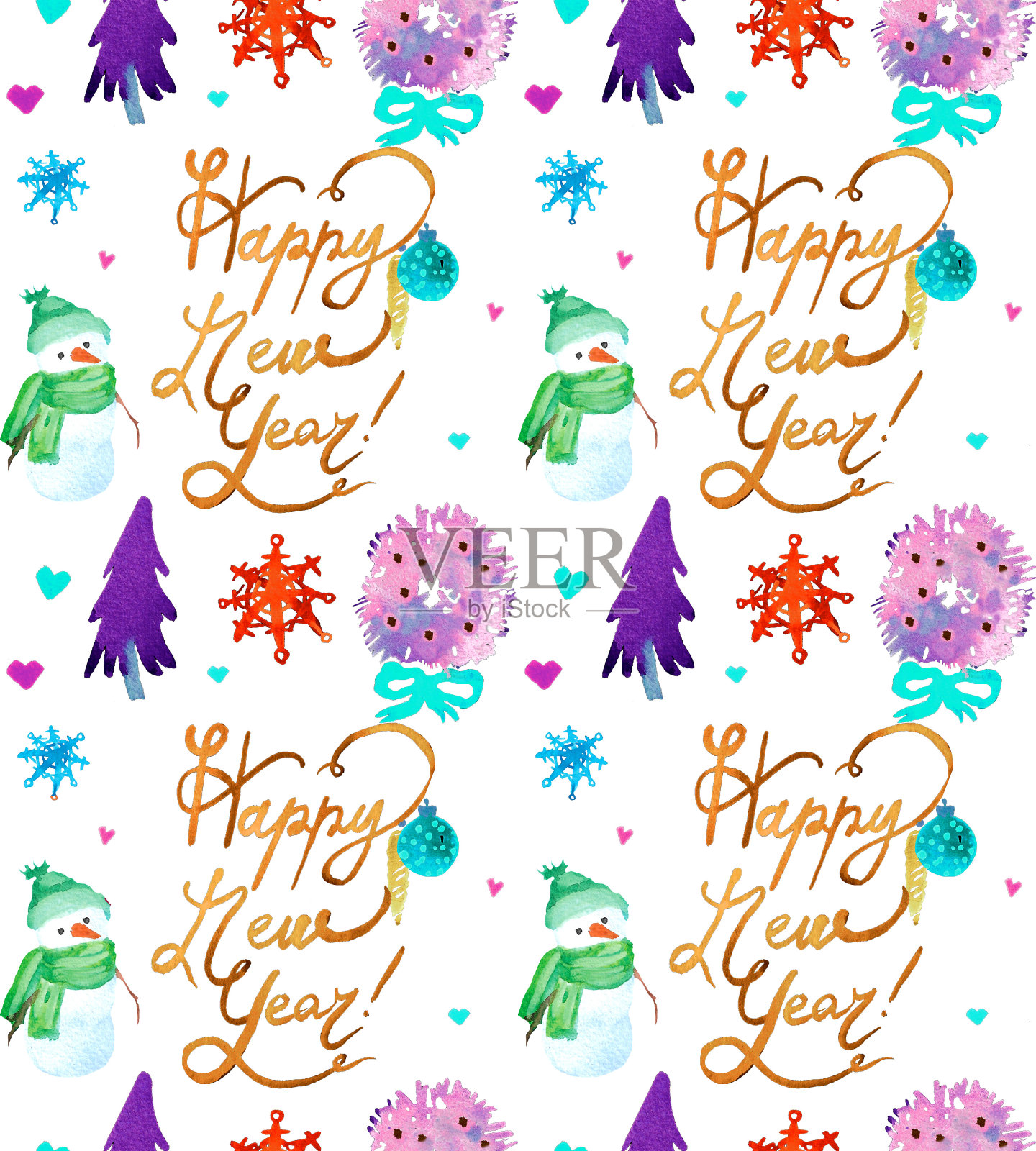 圣诞水彩美丽无缝图案有鹿，花环，雪花和雪人。恭贺新禧。用于纺织、纸张、卡片等节日装饰印刷品。设计模板素材