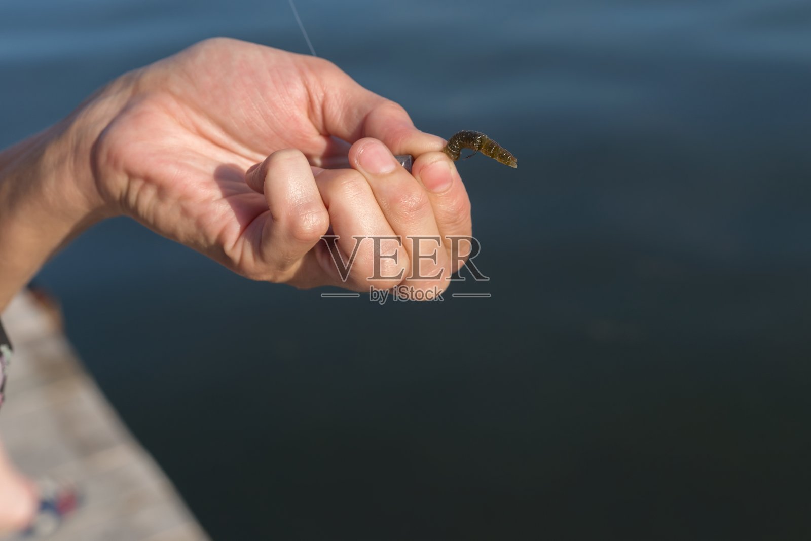 渔夫的手握着芳香的硅胶鱼饵，越过碧水。照片摄影图片