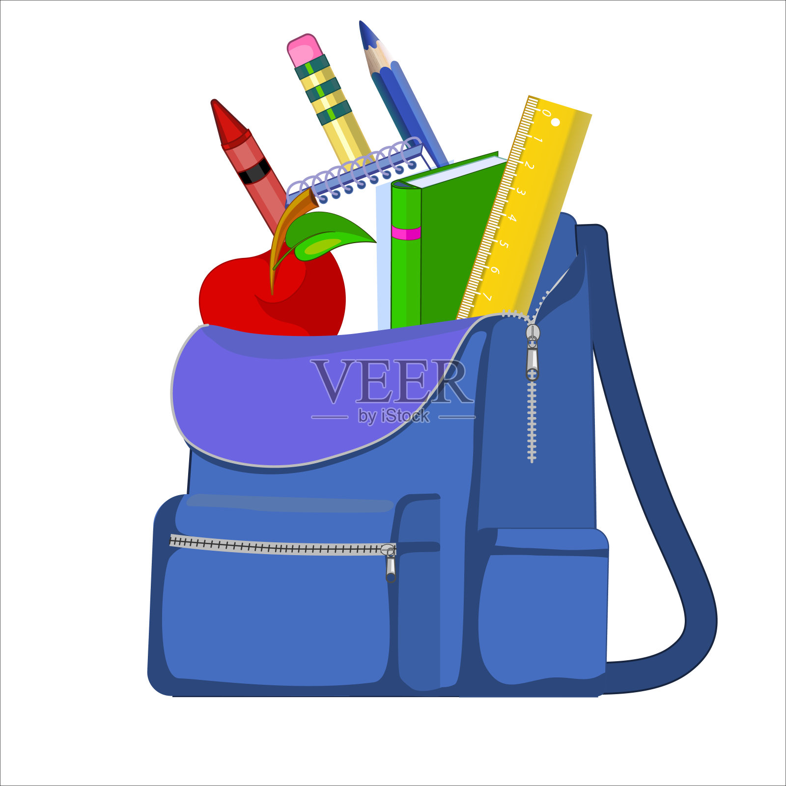 蓝色学校背包和学习用品插画图片素材