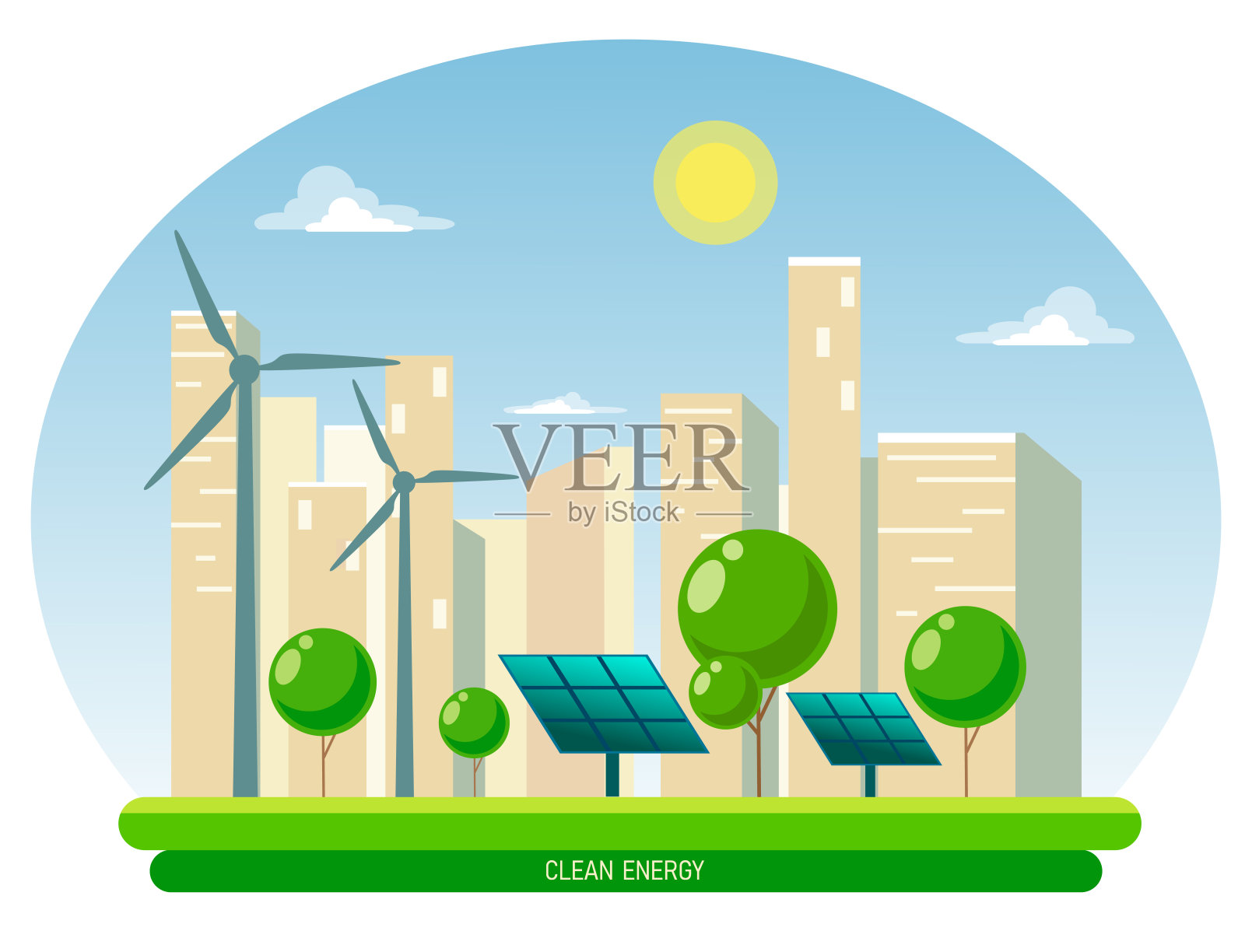 来自可再生能源太阳和风能的清洁电力的孤立矢量插图。在城市天际线和城市景观中，有太阳能电池板和风力涡轮机的发电厂插画图片素材