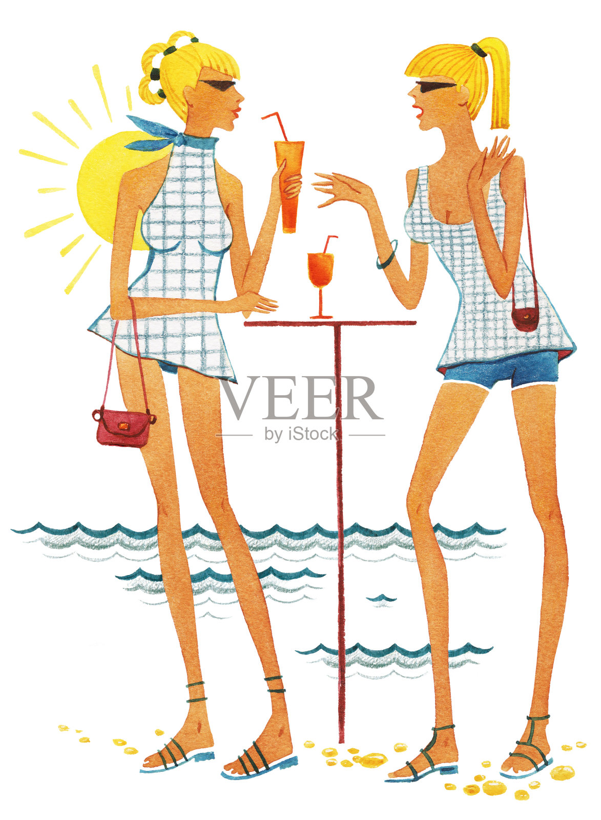 两个女孩在海边闲聊插画图片素材