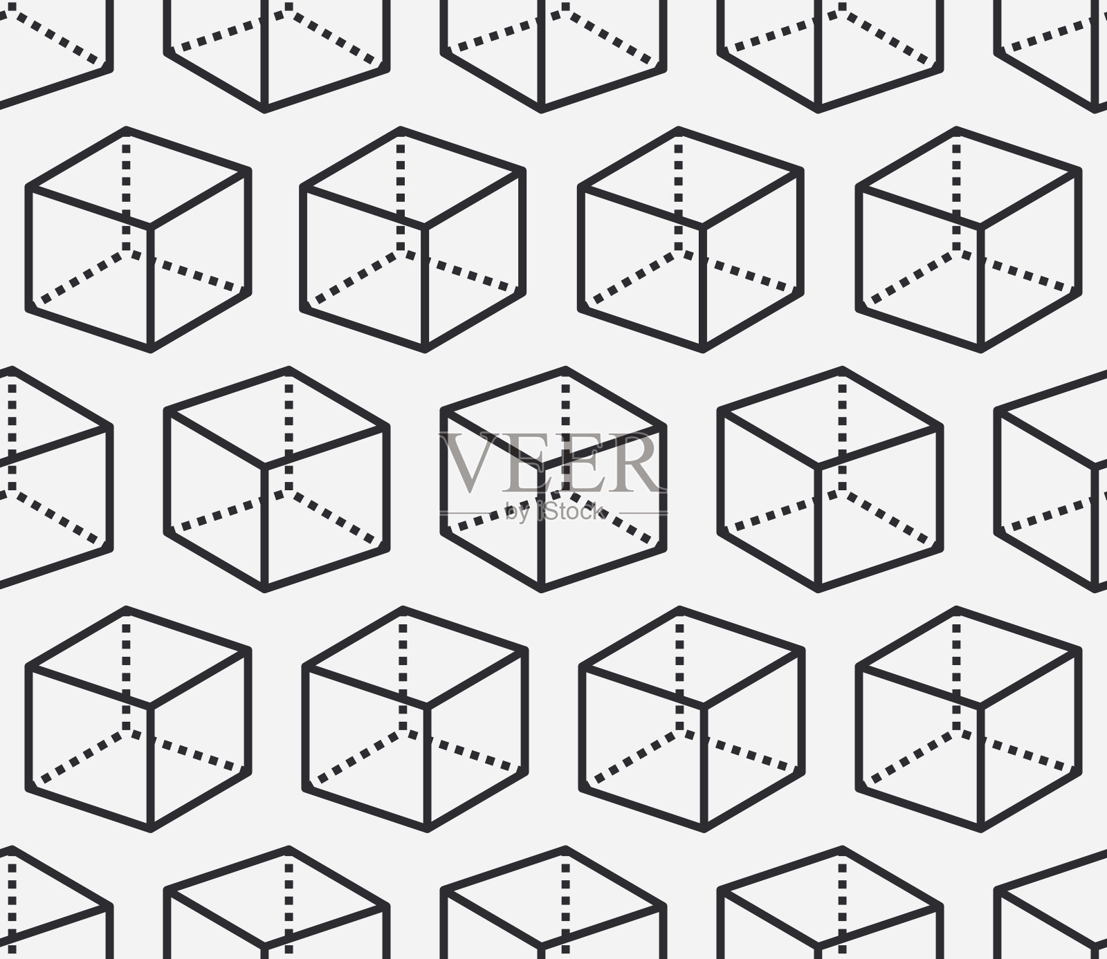 几何形状无缝模式与平面线图标的立方体图形。现代抽象背景下的几何、数学教育。黑白矢量图插画图片素材