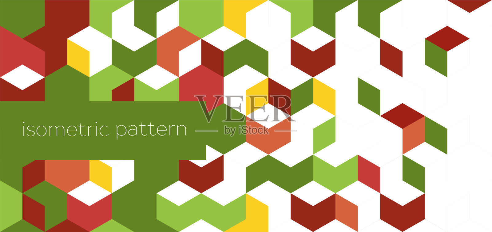 明亮的图案网页或互联网横幅。绿色、白色、黄色和红色方块。纹理等距风格抽象插画图片素材