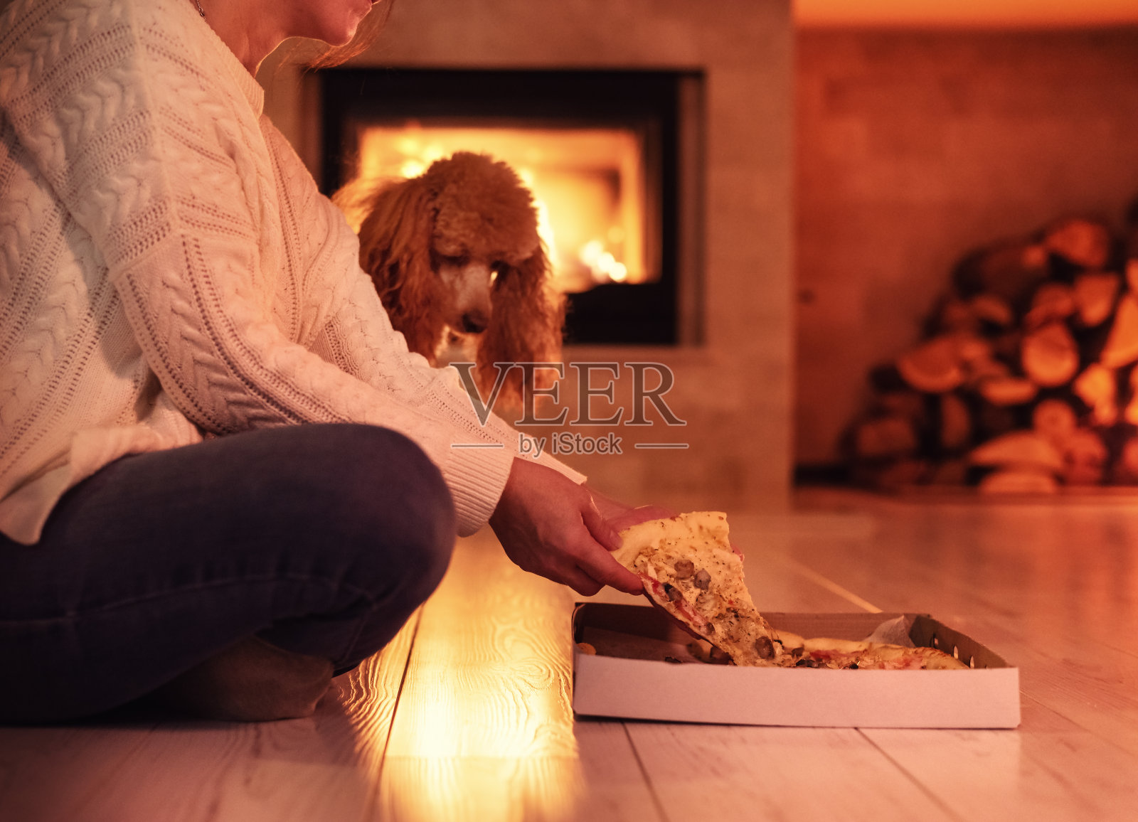 一个女人带着她的狗坐在地板上吃着壁炉背景上的披萨。照片摄影图片