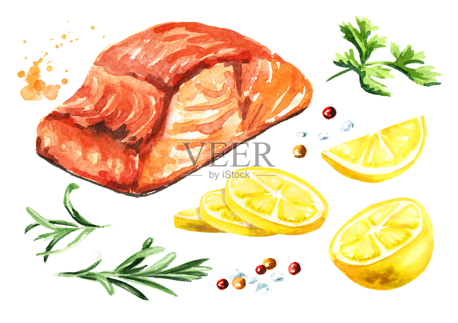 美味的烤鲑鱼片配柠檬，迷迭香和香料。水彩手绘插图，孤立的白色背景插画图片素材