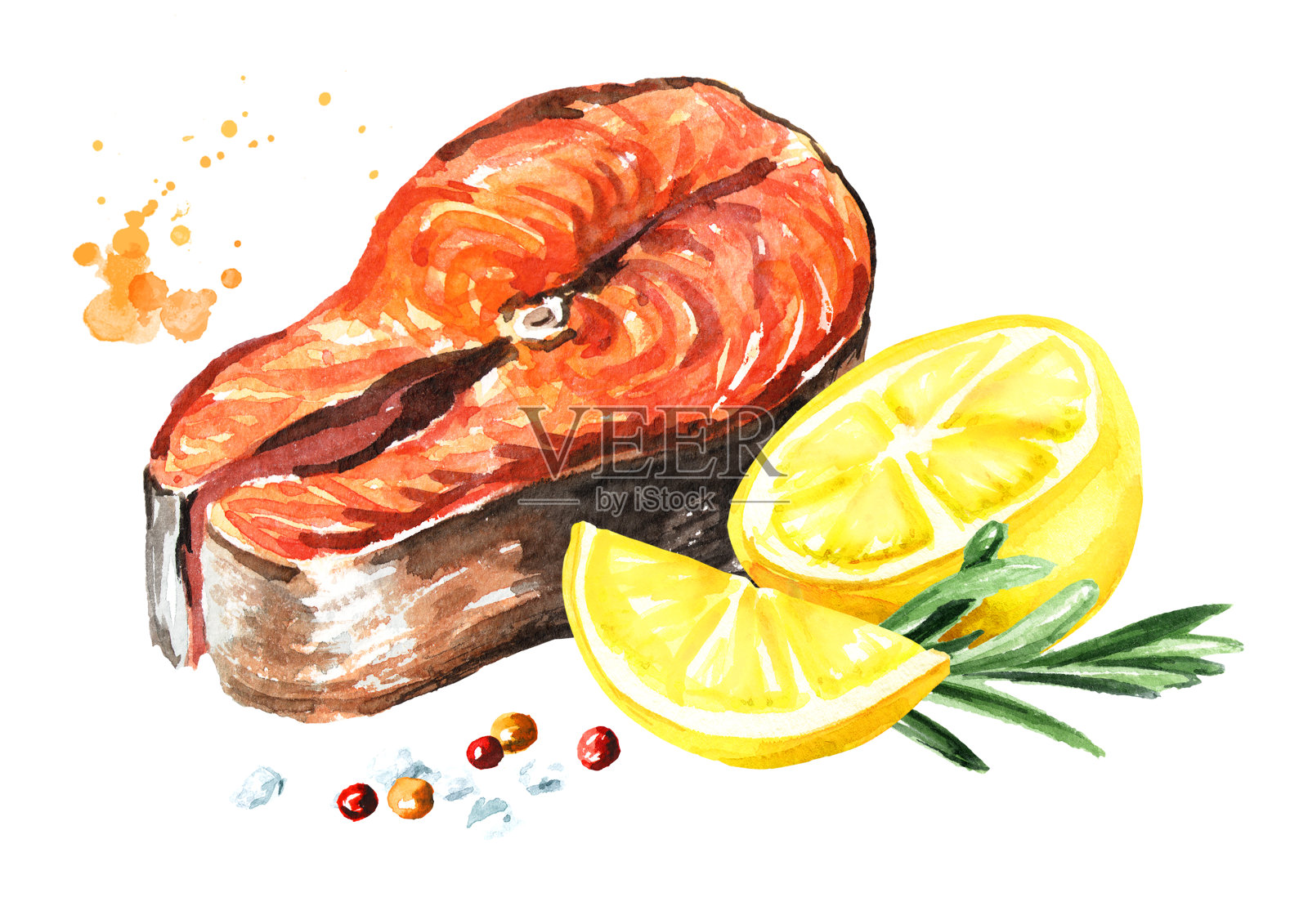 美味的烤鲑鱼片配柠檬，迷迭香和香料。水彩手绘插图孤立的白色背景插画图片素材