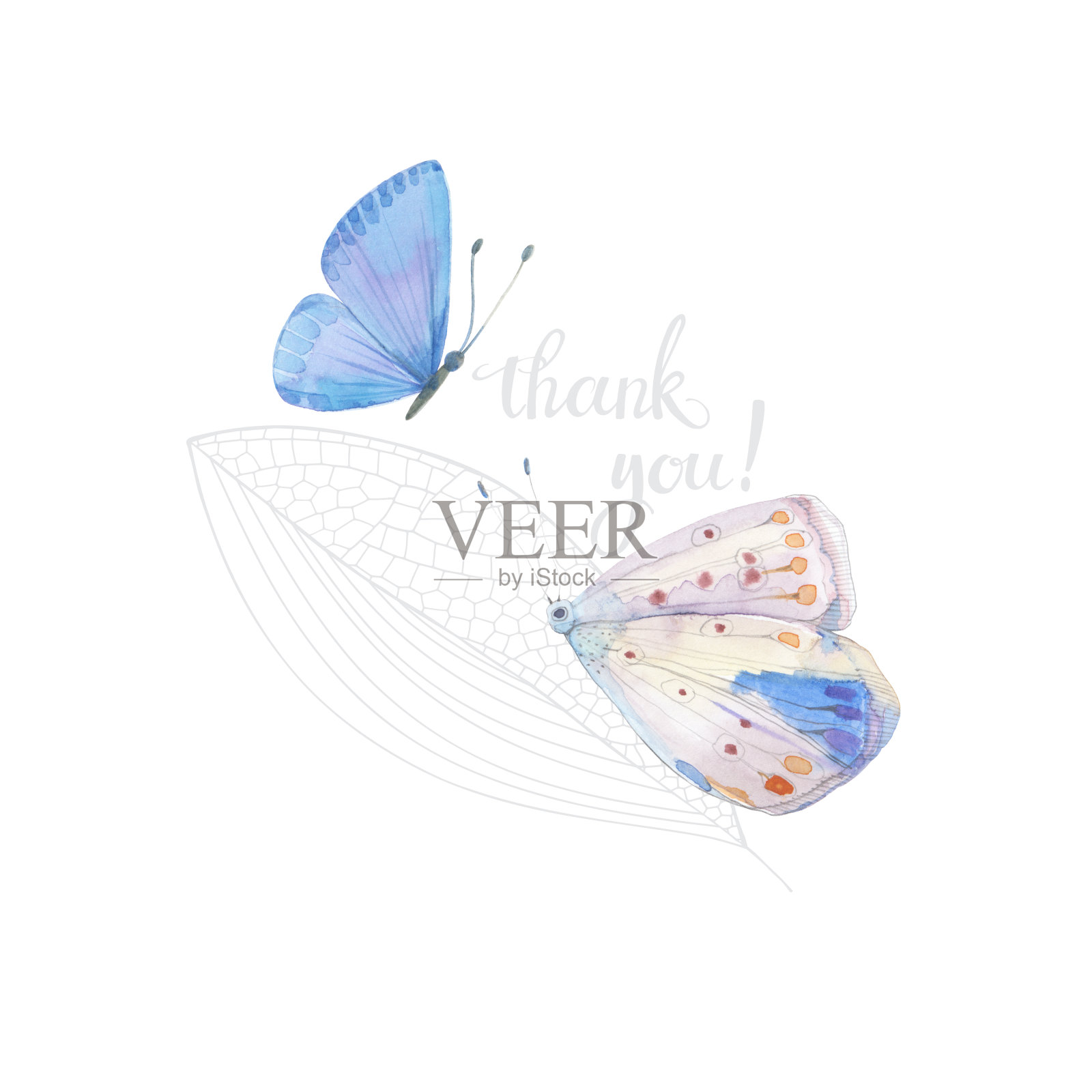 白色背景上有水彩蝴蝶、树叶和字母的感恩节卡片。插画图片素材