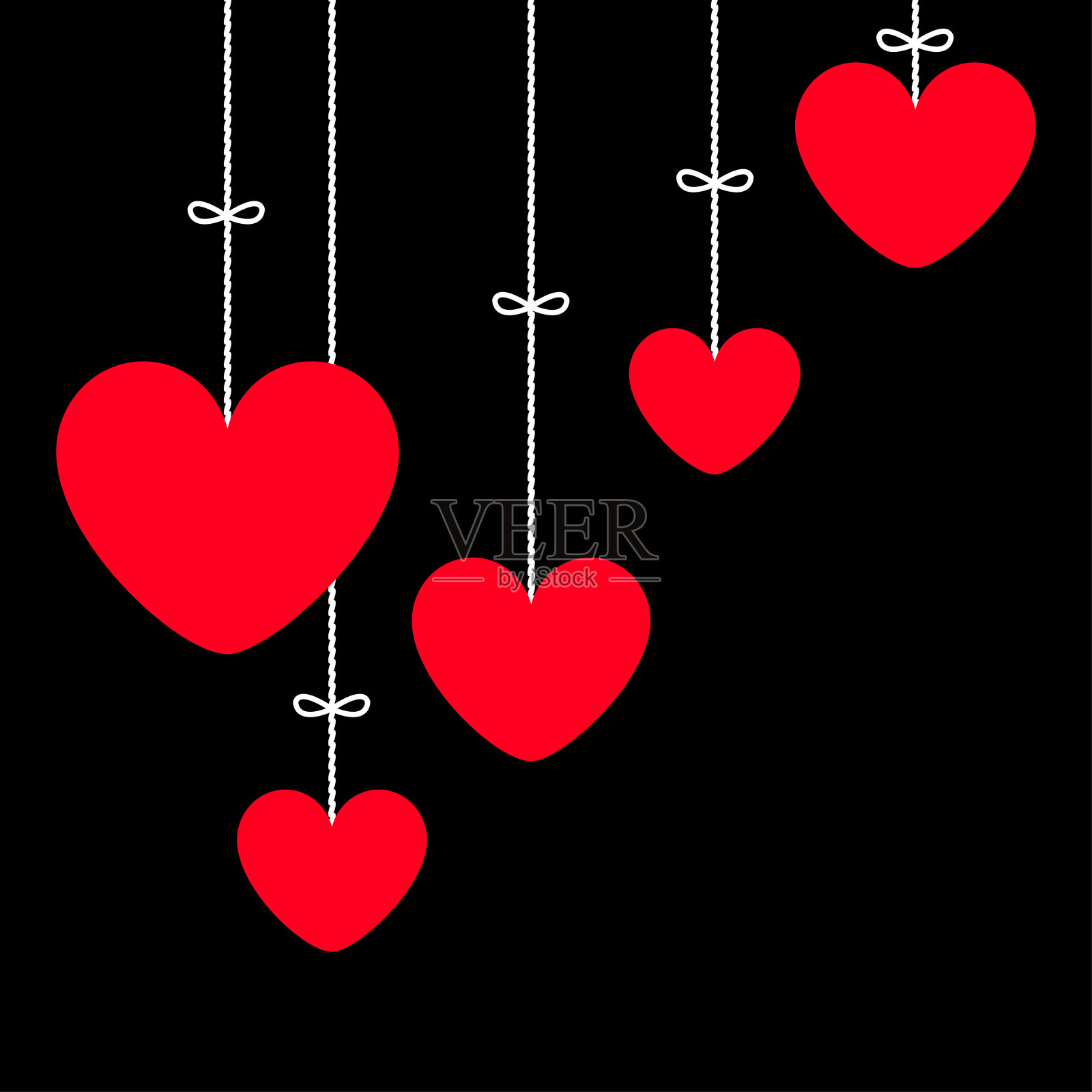 红心图标集。情人节快乐标志符号简单模板。挂虚线，弓。可爱的图形对象。扁平化设计风格。爱的贺卡。孤立。黑色背景。插画图片素材