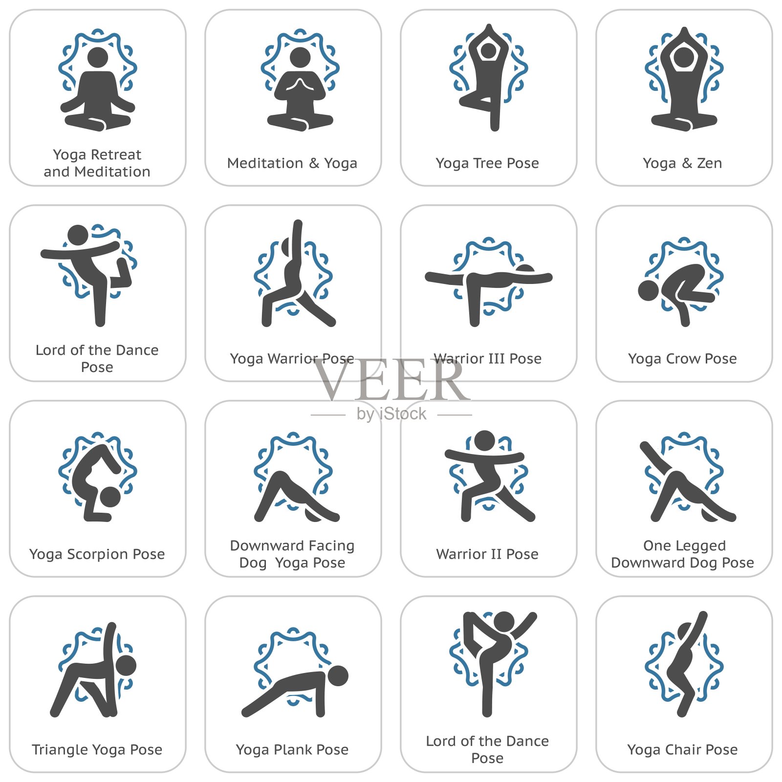 瑜伽健身和冥想图标集。平面设计孤立的插图。插画图片素材