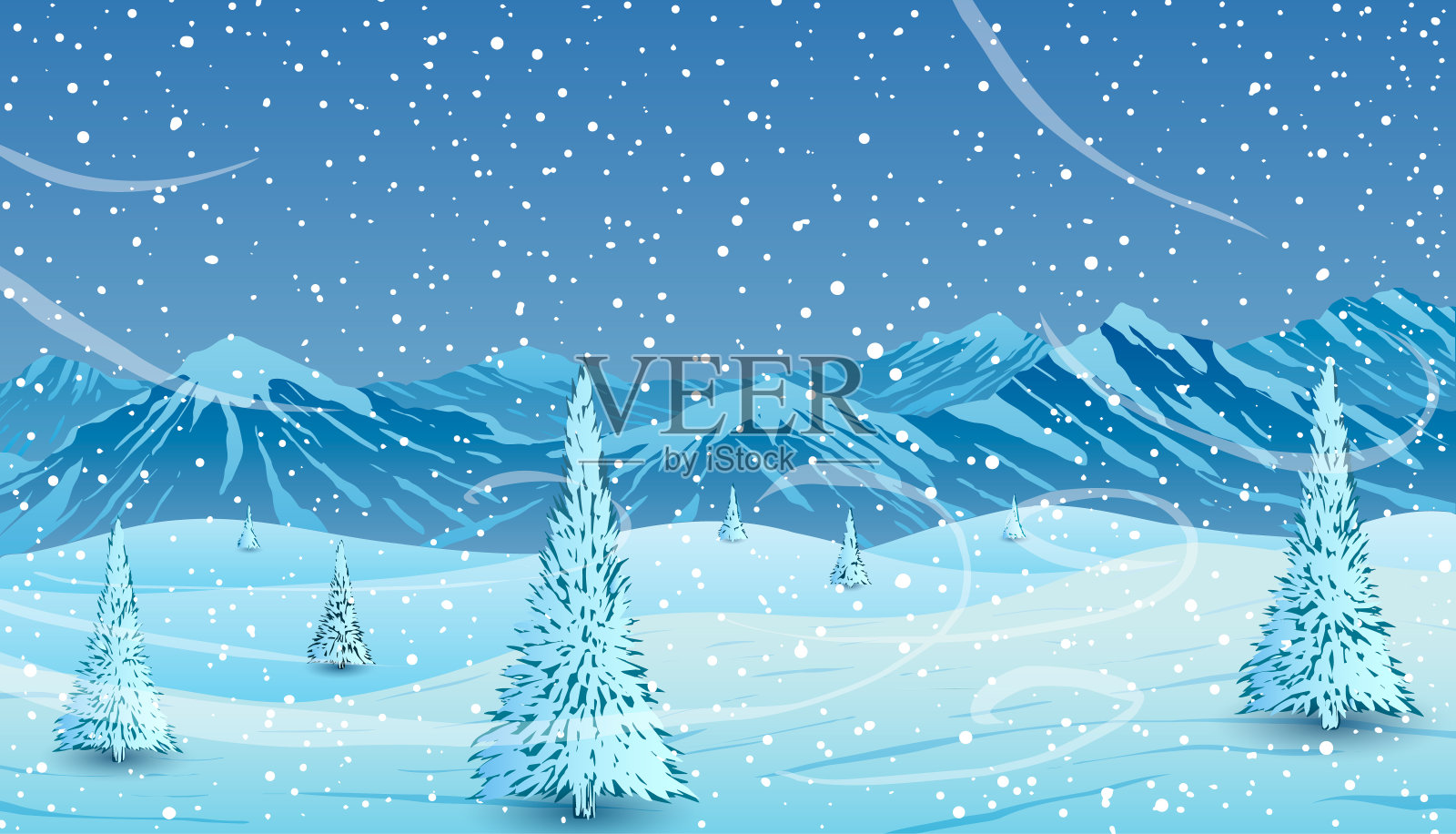 冬季景观中的暴风雪。雪山背景上的松树。插画图片素材