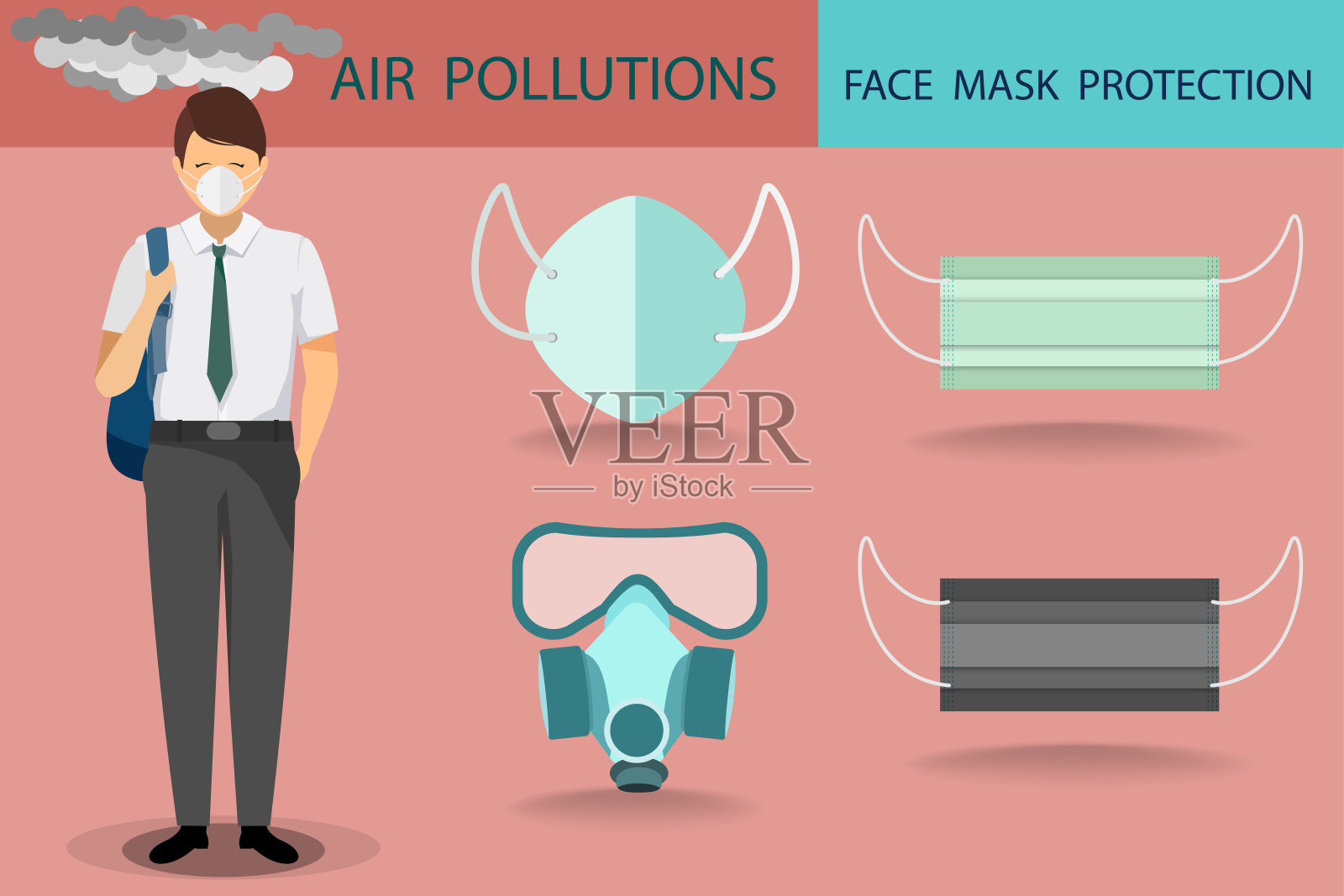 向量青年男子穿着大学制服和戴口罩防护设计与口罩收集在空气污染的概念插画图片素材