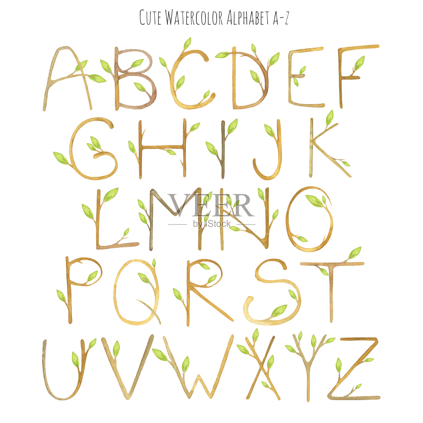 水彩木制字母与绿色树叶插画图片素材