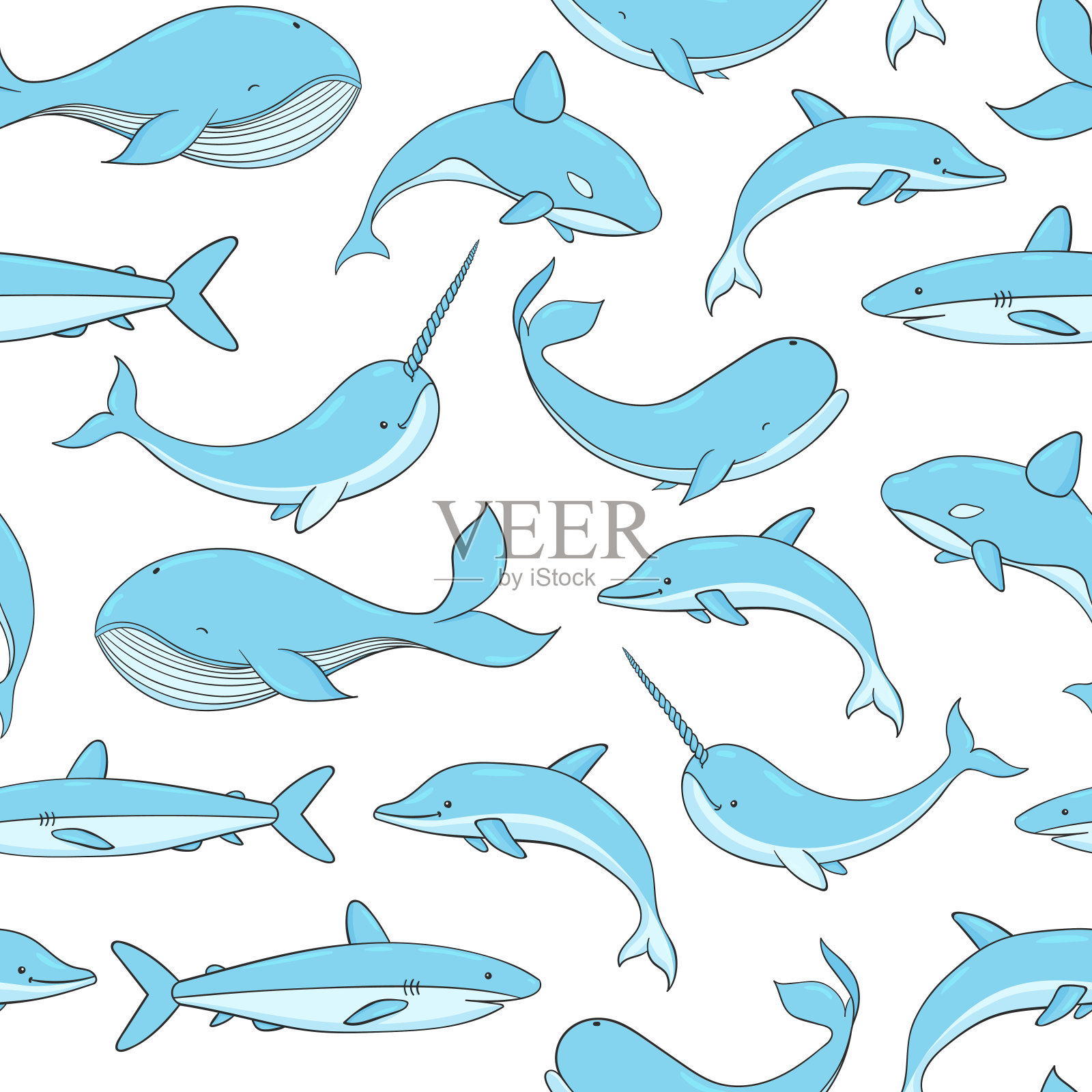 矢量无缝模式与鲸鱼，鲨鱼，独角鲸和海豚在白色的背景。海洋生物和海洋生物。插画图片素材