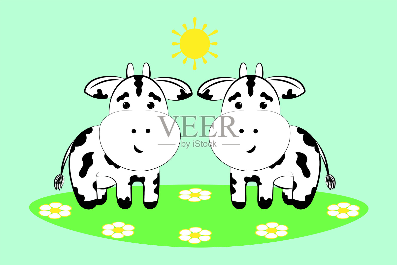 奶牛在花草地上。插画图片素材
