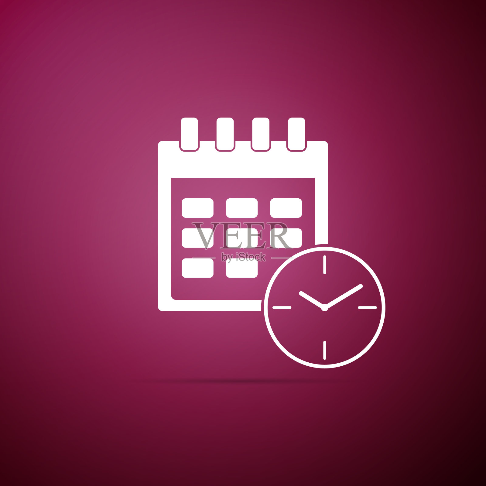 日历和时钟图标隔离在紫色的背景。进度表，预约，组织者，时间表，时间管理，重要日期。日期和时间标记。平面设计。矢量图插画图片素材