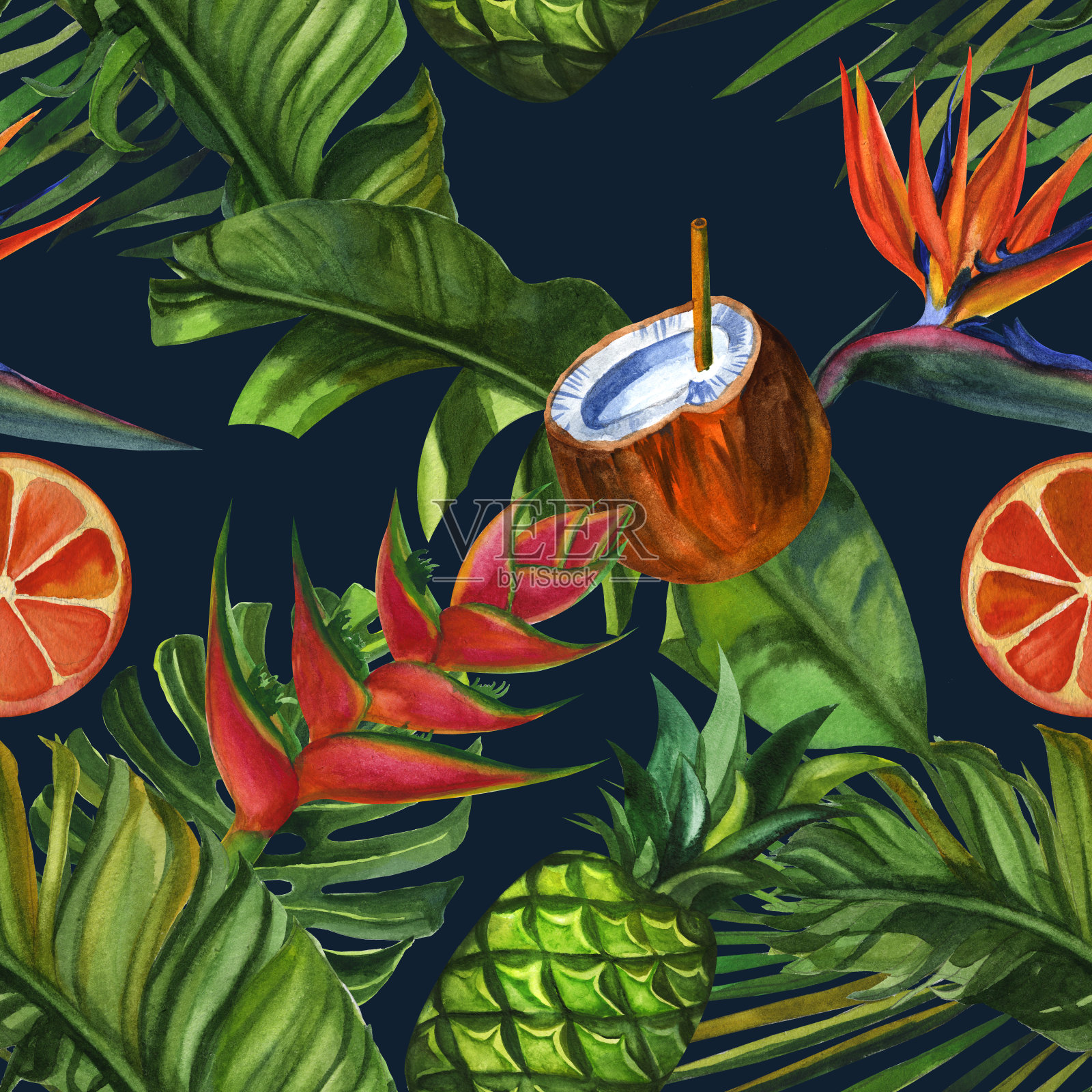 美丽的手绘图案与热带棕榈，椰子，菠萝。水彩无缝图案，夏日背景插画图片素材