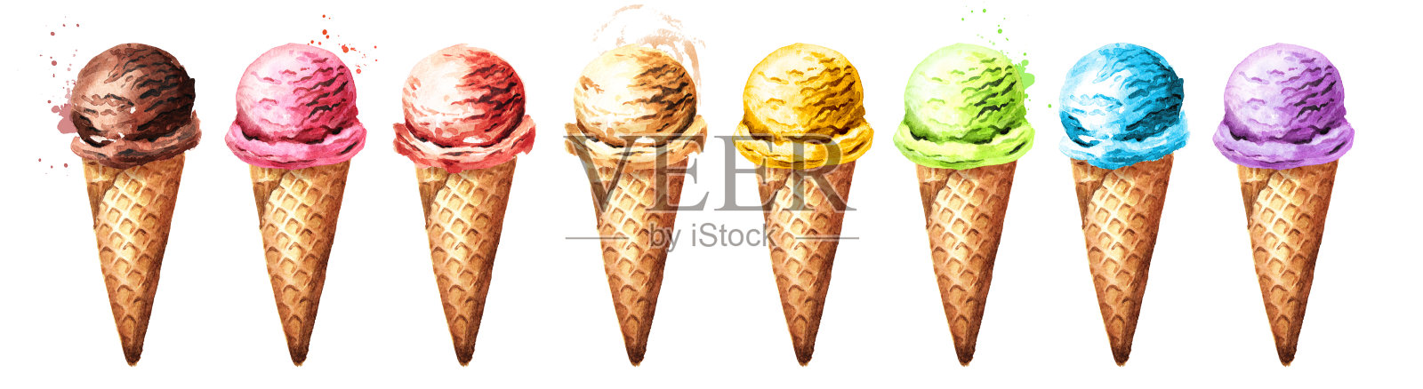 各种冰淇淋球在华夫饼套装。水彩手绘插图，孤立的白色背景插画图片素材