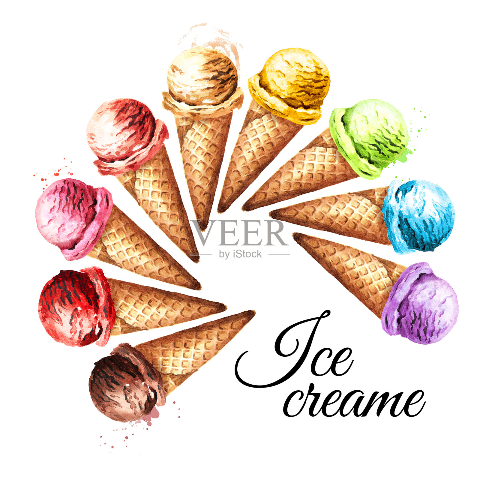 各种各样的冰淇淋球在华夫饼卡。水彩手绘插图，孤立的白色背景设计元素图片