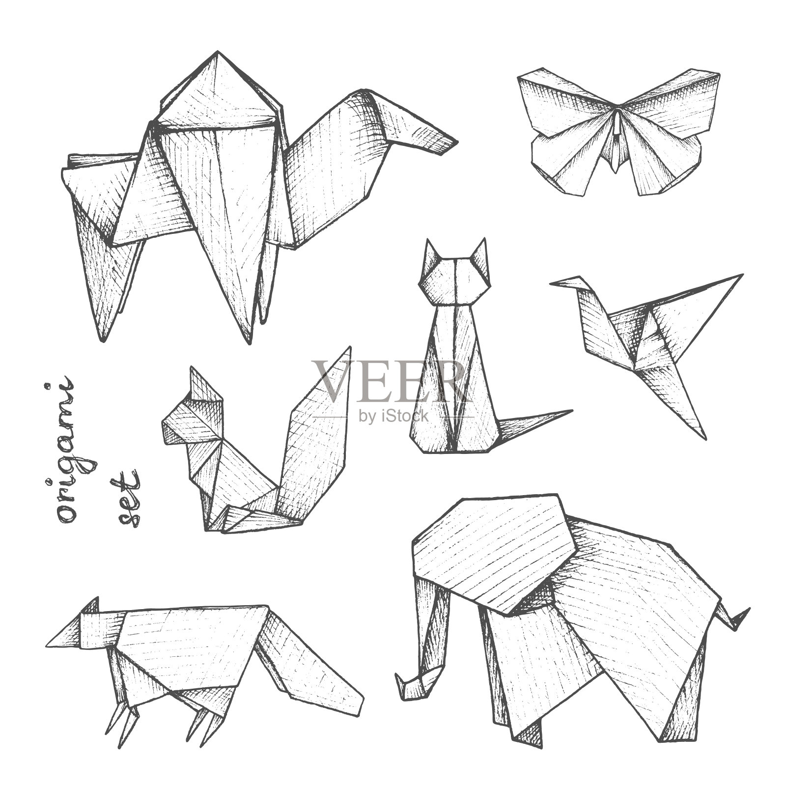 折纸-一套7灰色纸人物的动物插画图片素材