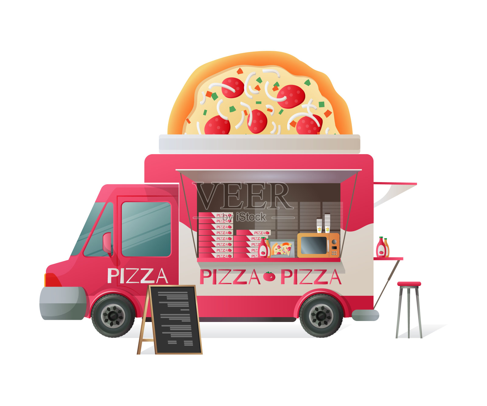 街头货车，商店卡车柜台，摊位，卖热披萨。设计元素图片